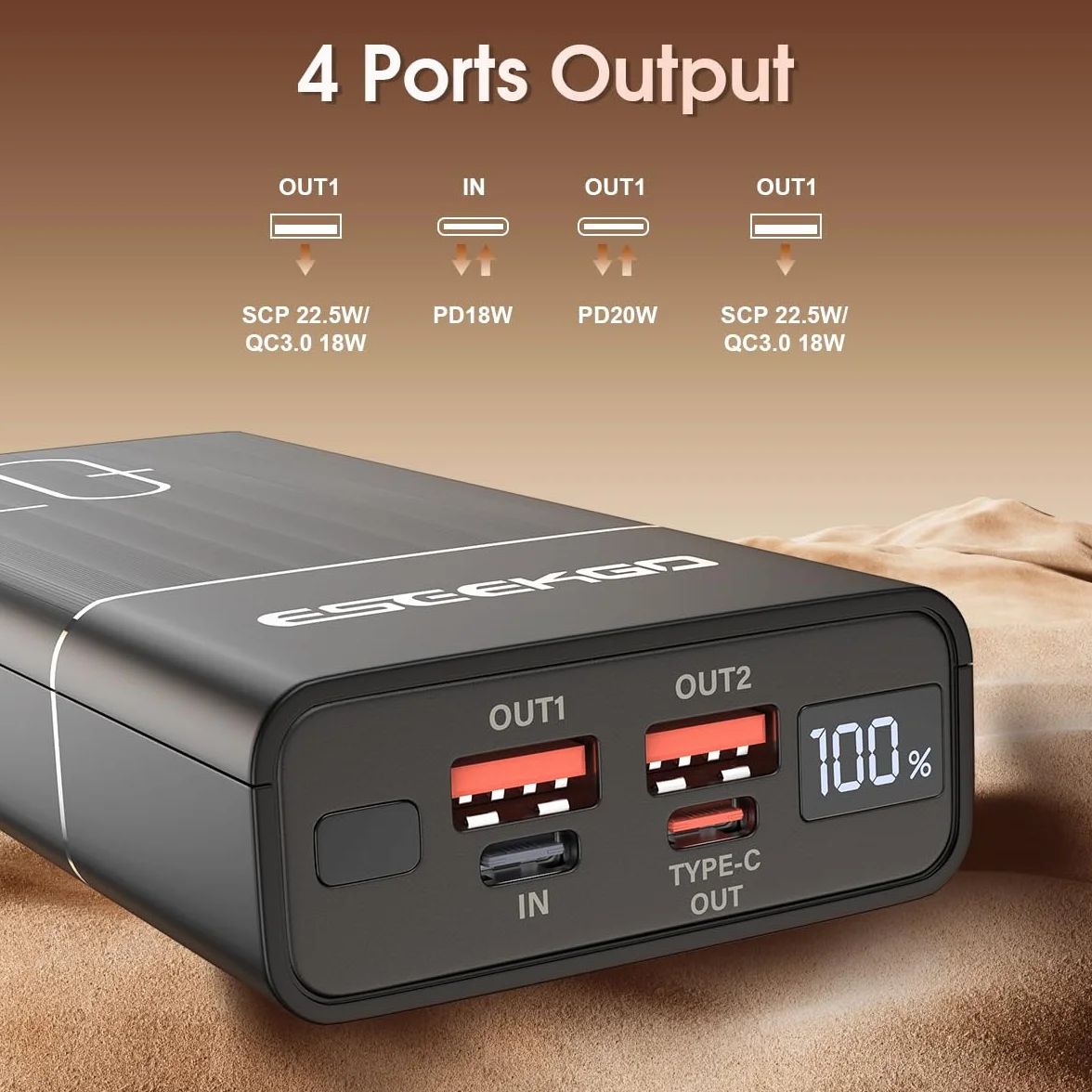 Ultraszybkie ładowanie 20000 mAh 22,5 W, 3 porty wyjściowe, wyświetlacz LED QC 3.0, powerbank z bezpłatnym kablem do ładowania USB-C na USB-C o długości 0,4 m i wbudowaną ochroną