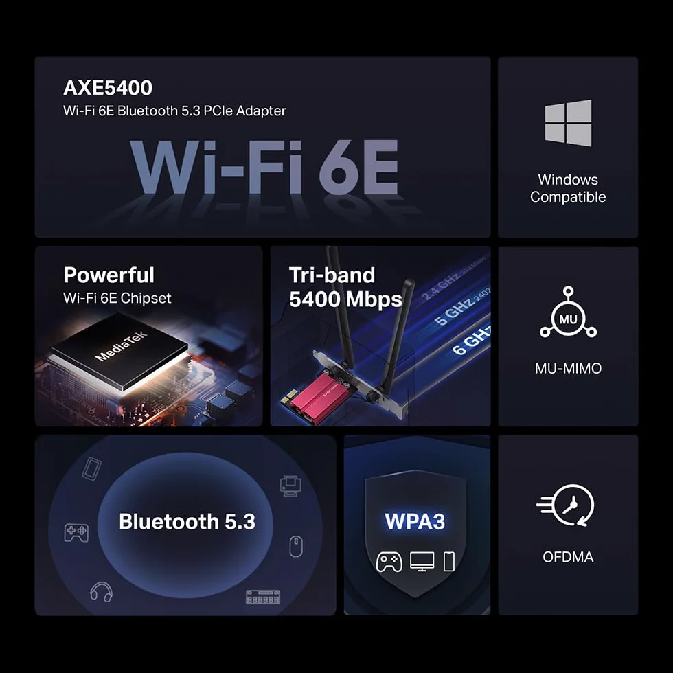 [Nowość] Karta sieciowa MERCUSYS MA86XE AXE5400, Wi-Fi 6E z Bluetooth 5.2, potrójne pasmo, 6 GHz/5 GHz/2,4 GHz, kompatybilna z Windows 11 i 10, MU-MIMO, OFDMA, standard szyfrowania WPA3