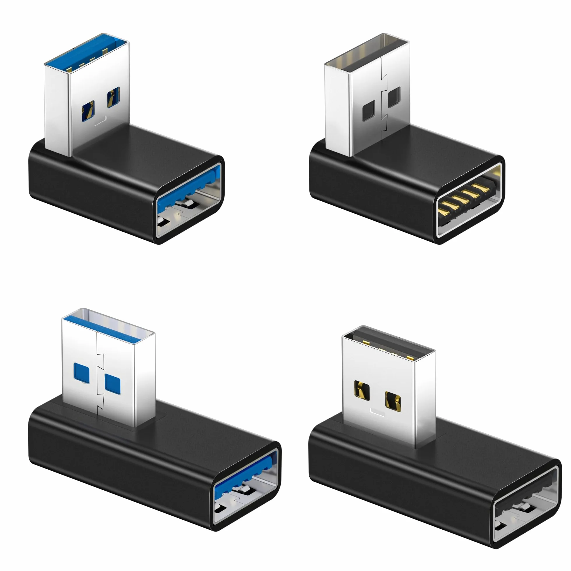 Basesailor Adapter USB 3.0 kątowy 4 Pack,góra dół 90 stopni USB A przedłużacz złącze 5Gbps konwerter L do Hub USB,PS5 PS4 Slim,CarPlay,drukarka,PC,Laptop,ładowarka Typ A,klawiatura,mysz,dysk twardy