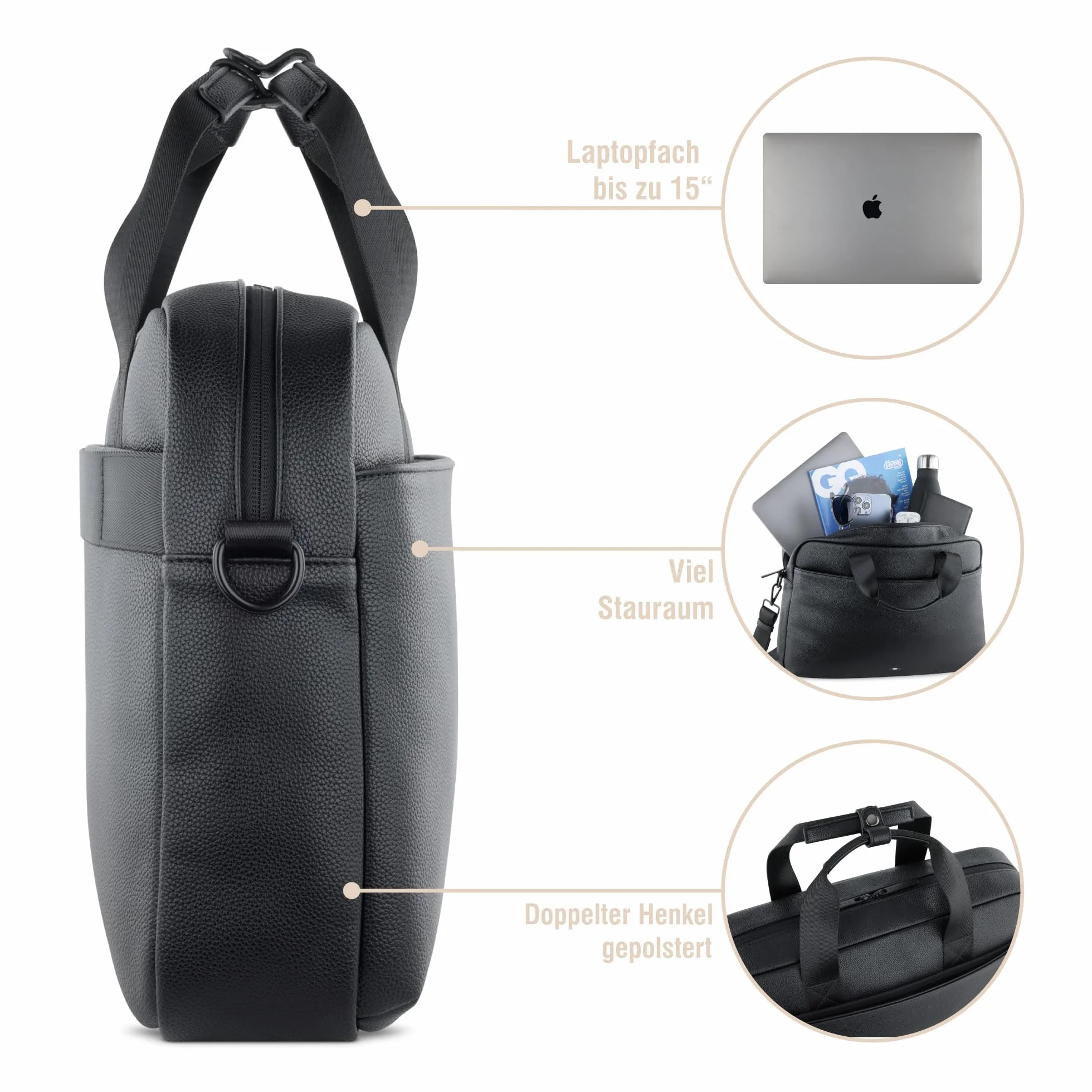 bugatti Rico aktówka, elegancka torba biznesowa z kieszenią na laptopa 15", czarna, czarny, Mittelgroße