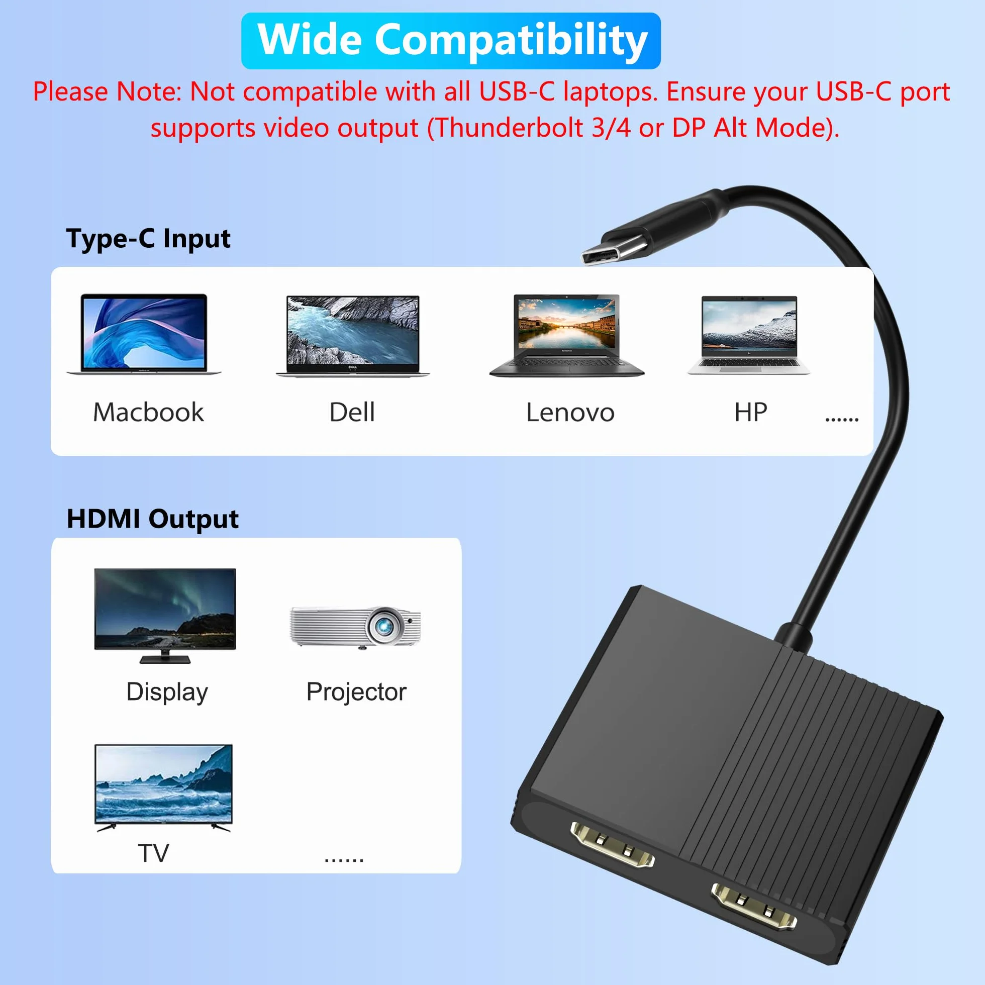 Rozdzielacz HDMI na dwa monitory, adapter USB C na podwójny HDMI 4K @ 60 Hz do laptopów Dell/HP/Mac z PD, USB 3.0, podwójny adapter HDTV na 2 monitory, rozdzielacz HDTV