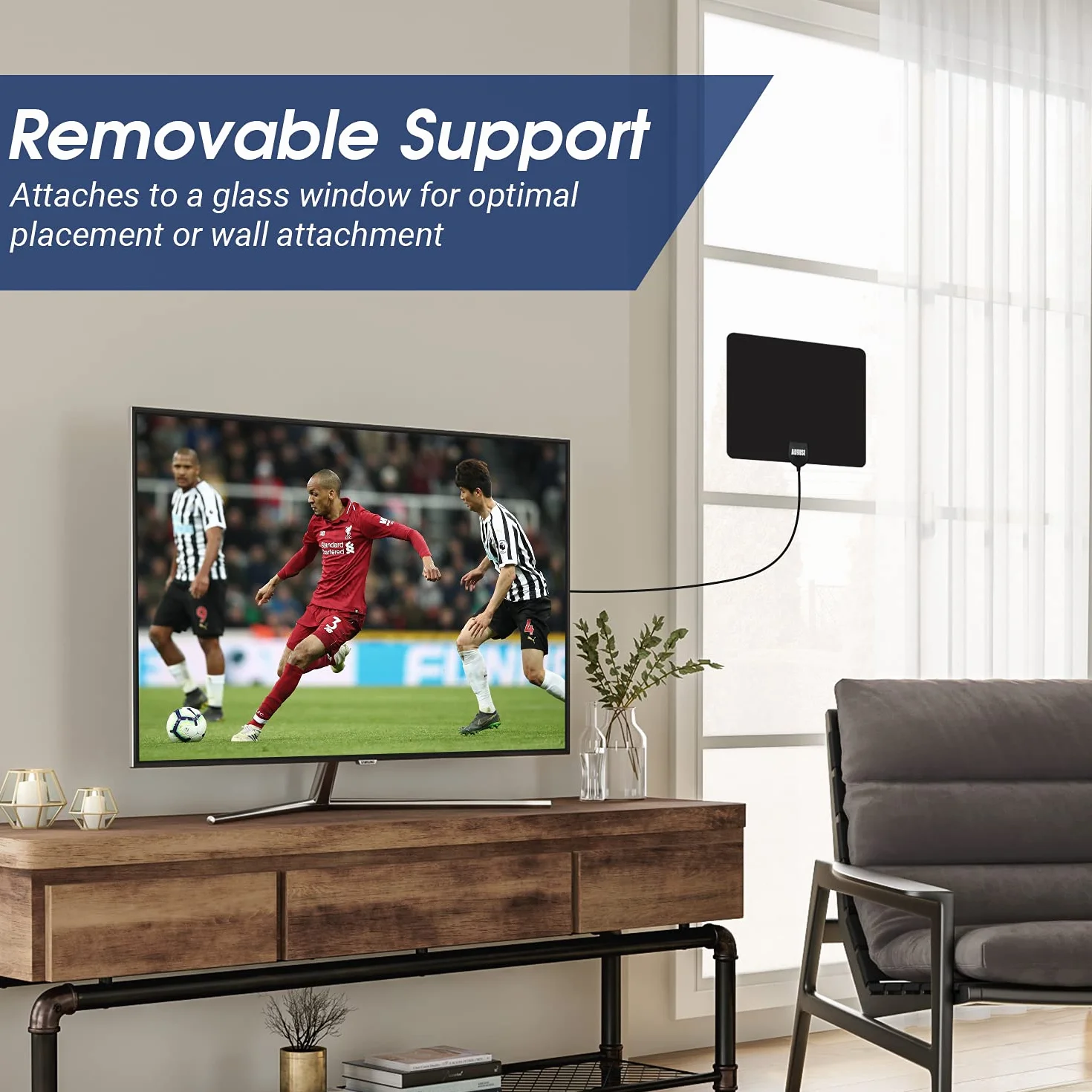 August DTA450 -Wewnętrzna antena do Freeview TV - cyfrowa przenośna telewizja płaska antena DVB-T DVB-T2 dyskretna wysoki zysk ze stojakiem i kablem 3m