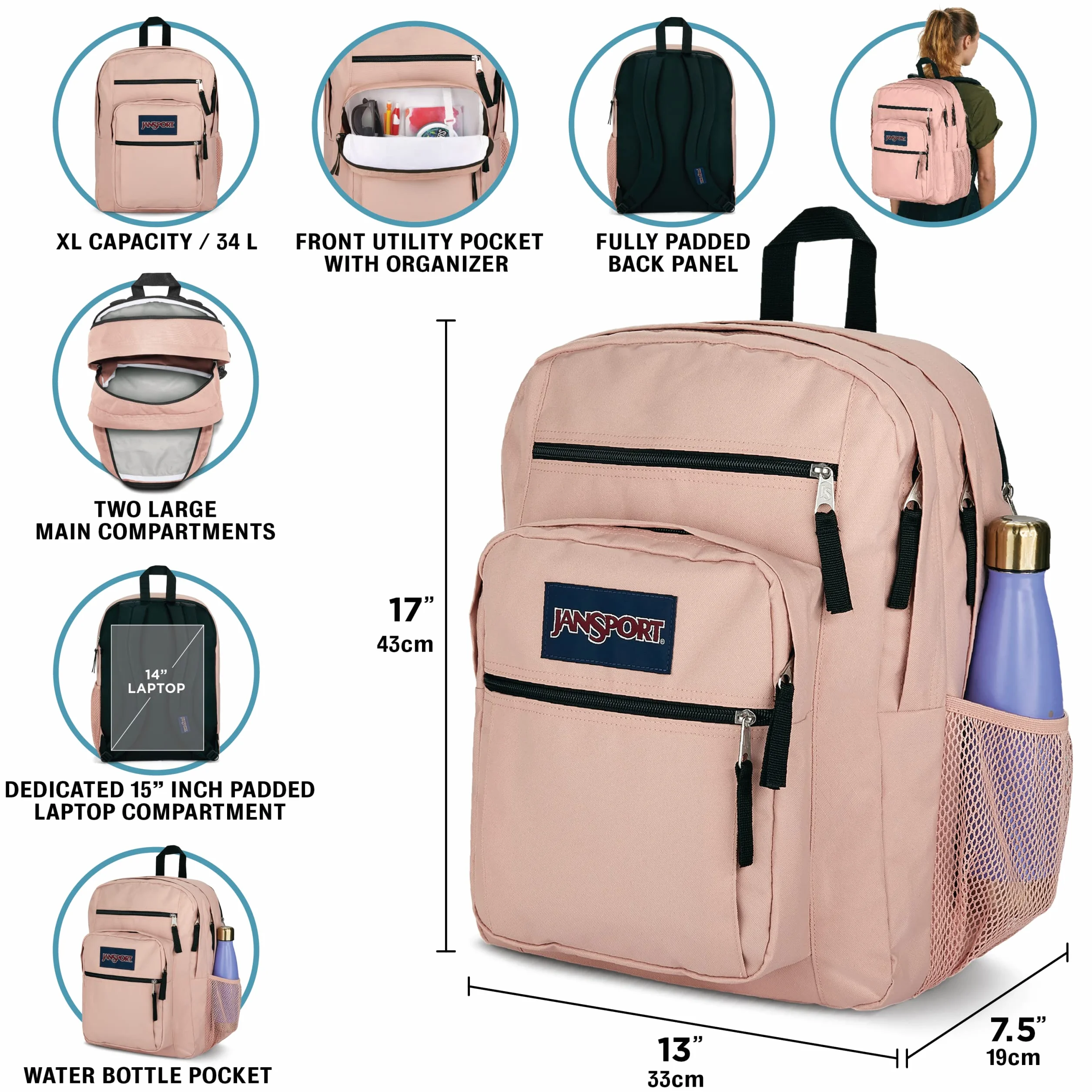JanSport Plecak na laptopa – torba na komputer z 2 przegródkami, ergonomiczne paski na ramię, pokrowiec na laptopa 38.1 cm, uchwyt holowniczy, złe kokardki