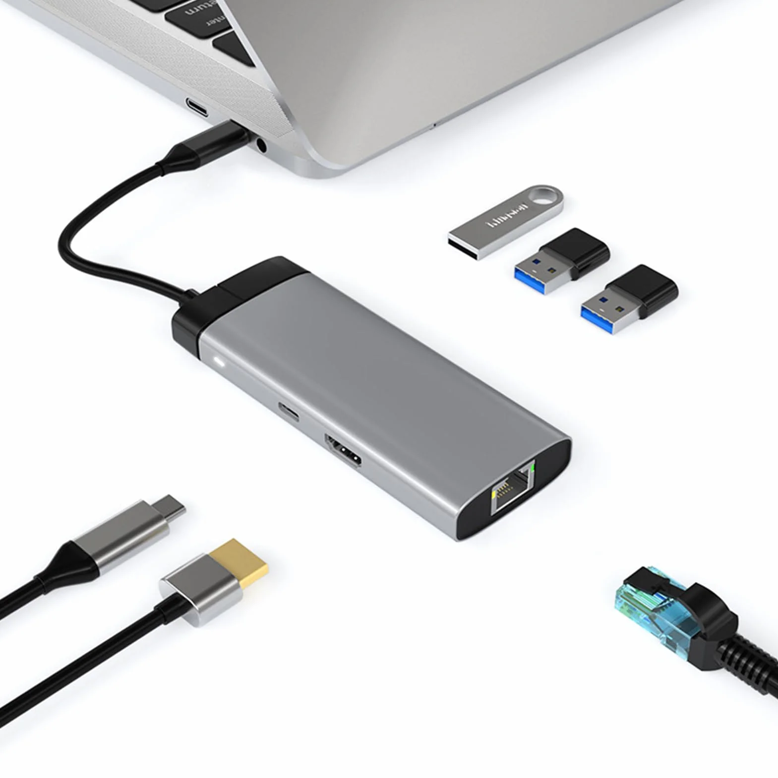 Hub USB C, 7-w-1 MultiPort Adapter typec stacja dokująca gigabitowy port sieciowy hub usb 4K HDMI, USB 3.0, PD ładowanie Elling podczas użytkowania, SD/TF łatwy odczyt,Gray