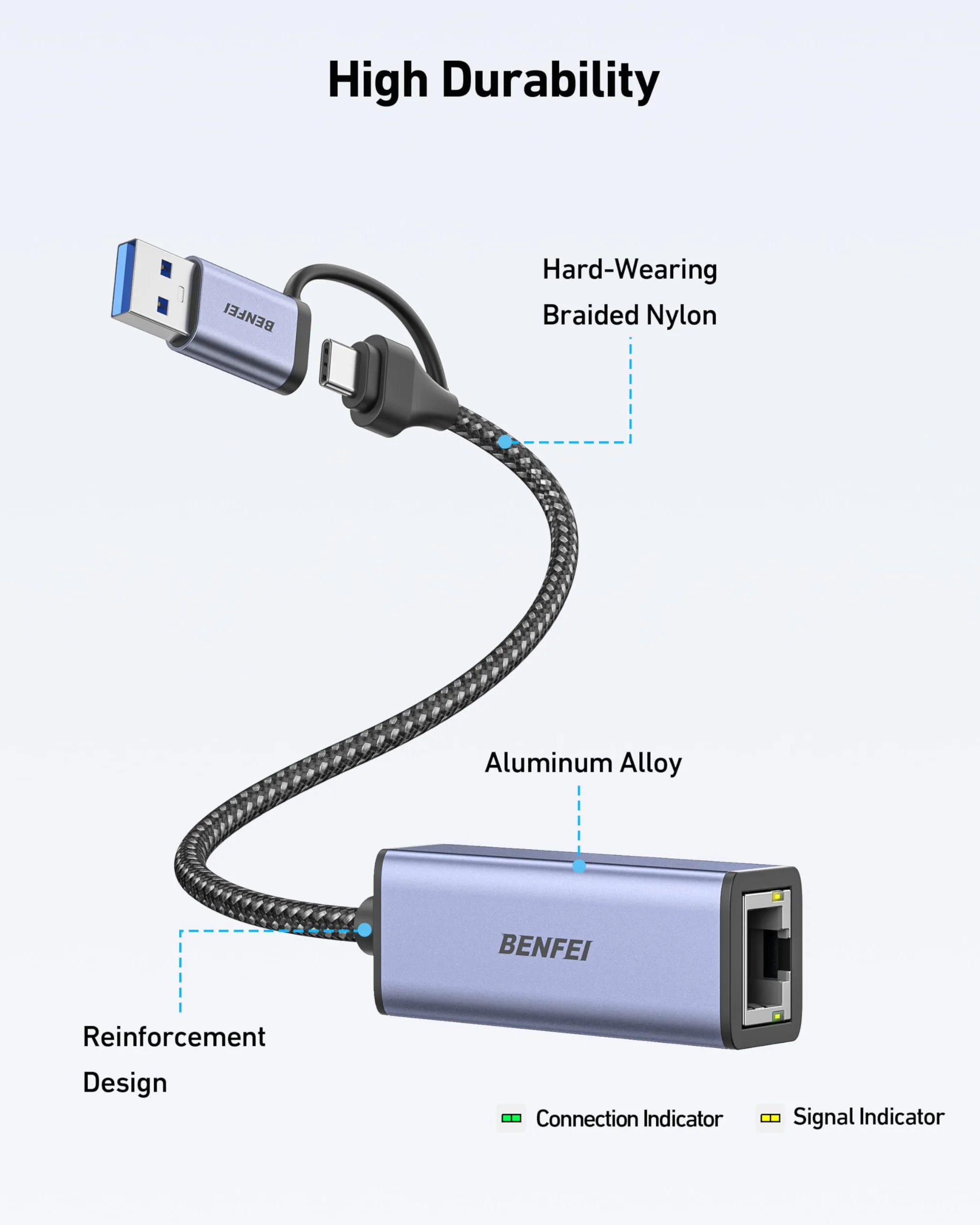 BENFEI Adapter Ethernet, adapter USB 3.0 do RJ45 1000 Mb/s Gigabit LAN kompatybilny z MacBookiem, Surface Pro, PC z Windows 7/8/10, XP, Vista, Mac [aluminiowa obudowa i kabel nylonowy]
