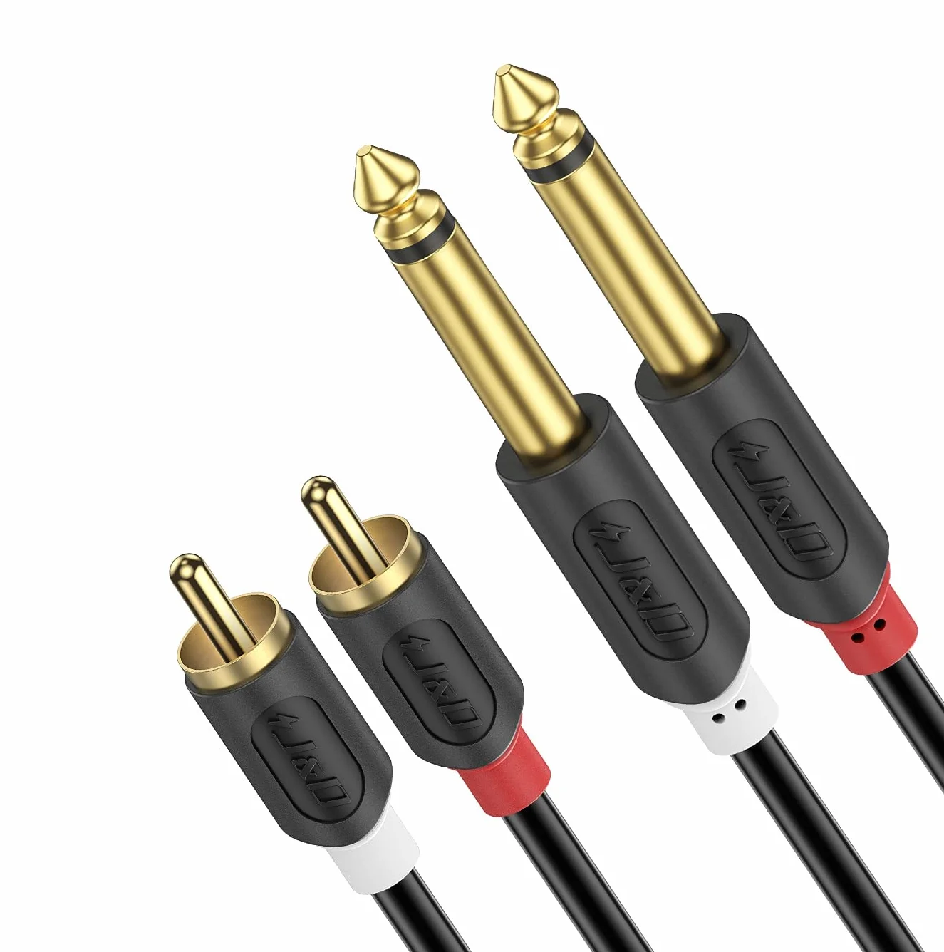 J&D Podwójny 1/4 Calowy TS do Podwójnego RCA Stereo Audio Interconnect Kabel, Złocony Audiowave Series 2 x 6.35 mm Męski TS do 2 RCA Męski Kabel Adaptera PVC, 1,8 Meter