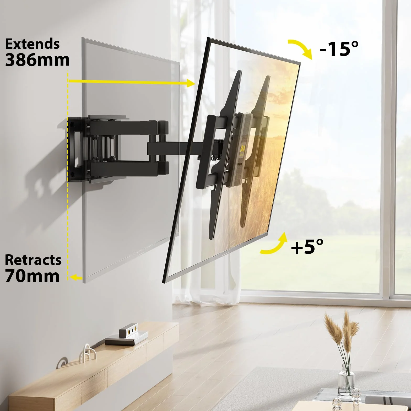 Alphamount Uchwyt ścienny do telewizora do większości telewizorów 4K LED i OLED o przekątnej do 45 kg, uchwyt na telewizor z dwoma ramionami przegubowymi, obrotowy, przedłużający i pochylany, uchwyt