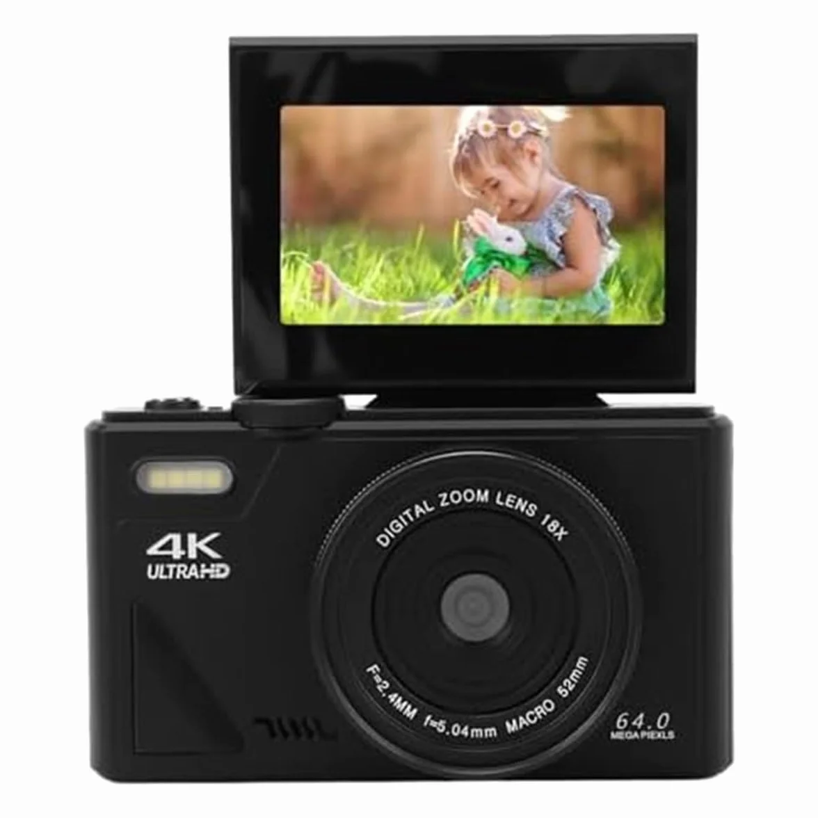 Retro kompaktowy aparat cyfrowy 4K, ekran z klapką 7.6 cm, 64 MP, UHD, 18-krotny zoom, autofokus, przenośna kamera, czarna
