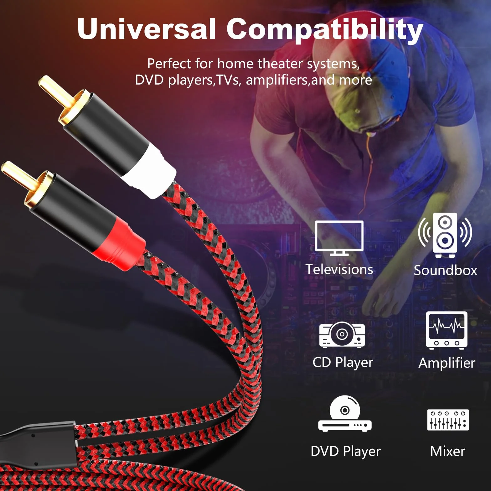 Kabel RCA 4M, 2Rca męski na 2-Rca męski kabel subwoofera audio stereo [dźwięk Hi-Fi] nylonowy pleciony przewód pomocniczy do kina domowego, systemów Hi-Fi i więcej (12 stóp/4 m)