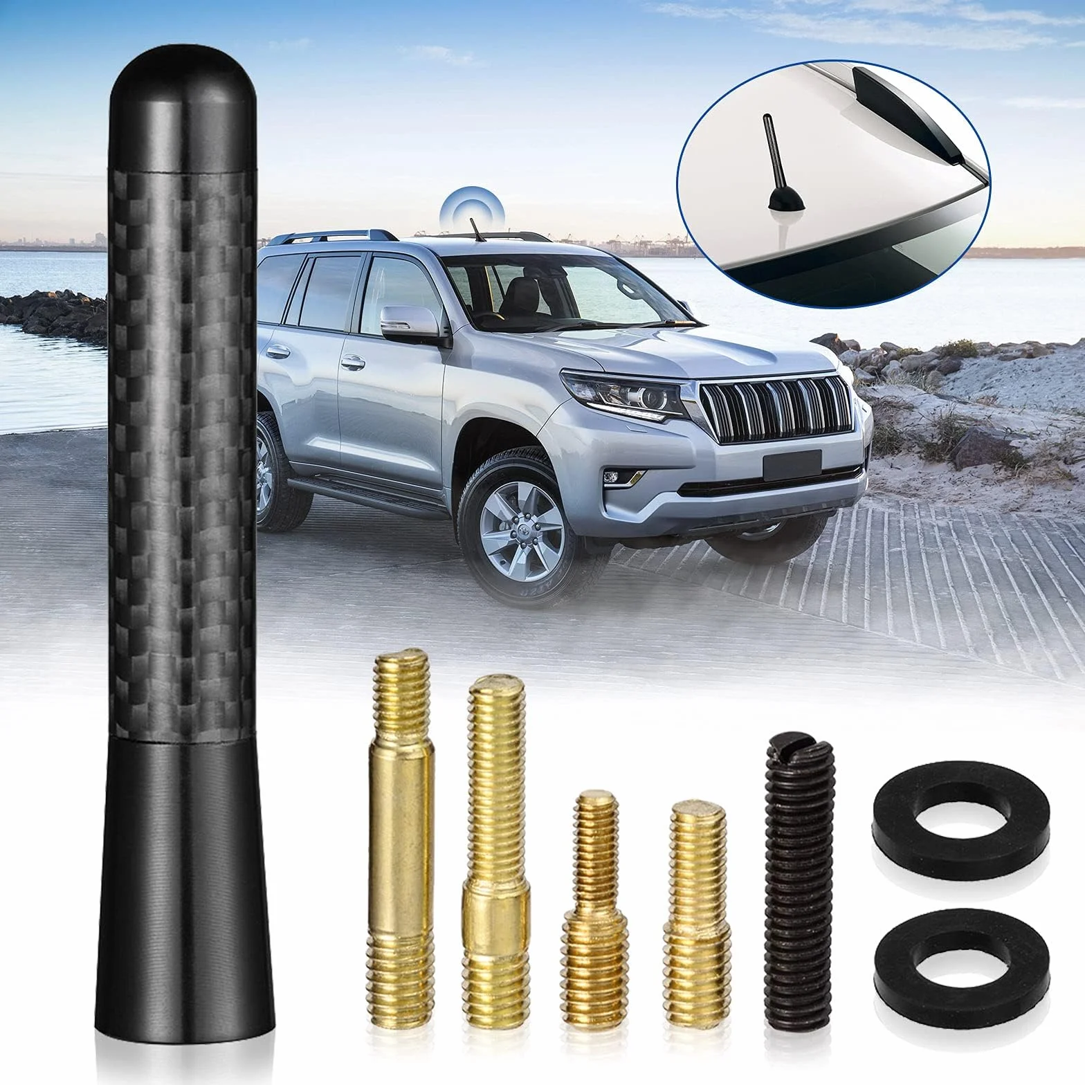 Bingfu Antena samochodowa uniwersalna, 8 cm, krótki pręt, czarna do odbioru FM AM, zamiennik anteny samochodowej ze śrubami M4.0, M5.0, M6.0