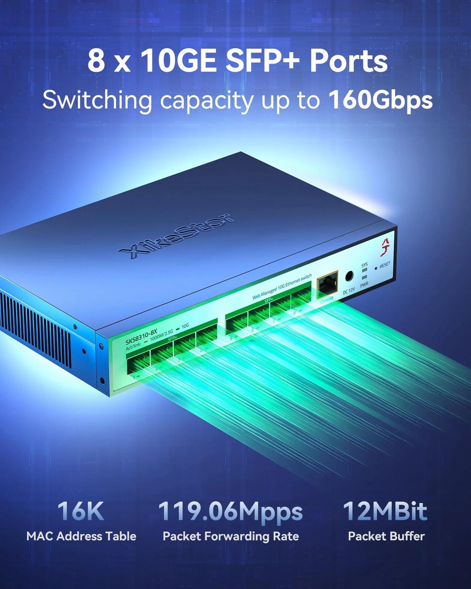 L3 10G 8-Portowy przełącznik zarządzany SFP+, obsługuje moduły 1/2.5/10G, przepustowość 160Gbps, agregacja łączy, VLAN/DHCP/QoS, inteligentne chłodzenie wentylatorem