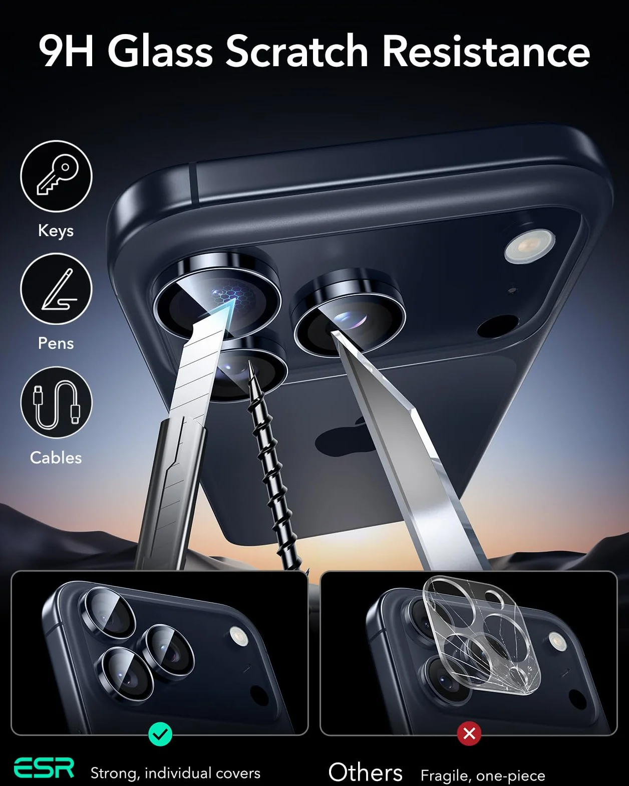 ESR Osłona obiektywu aparatu do iPhone'a 17 Pro Max/17 Pro/16 Pro Max/16 Pro/15 Pro Max, ultracienkie szkło hartowane, 1 opakowanie, niebieskie