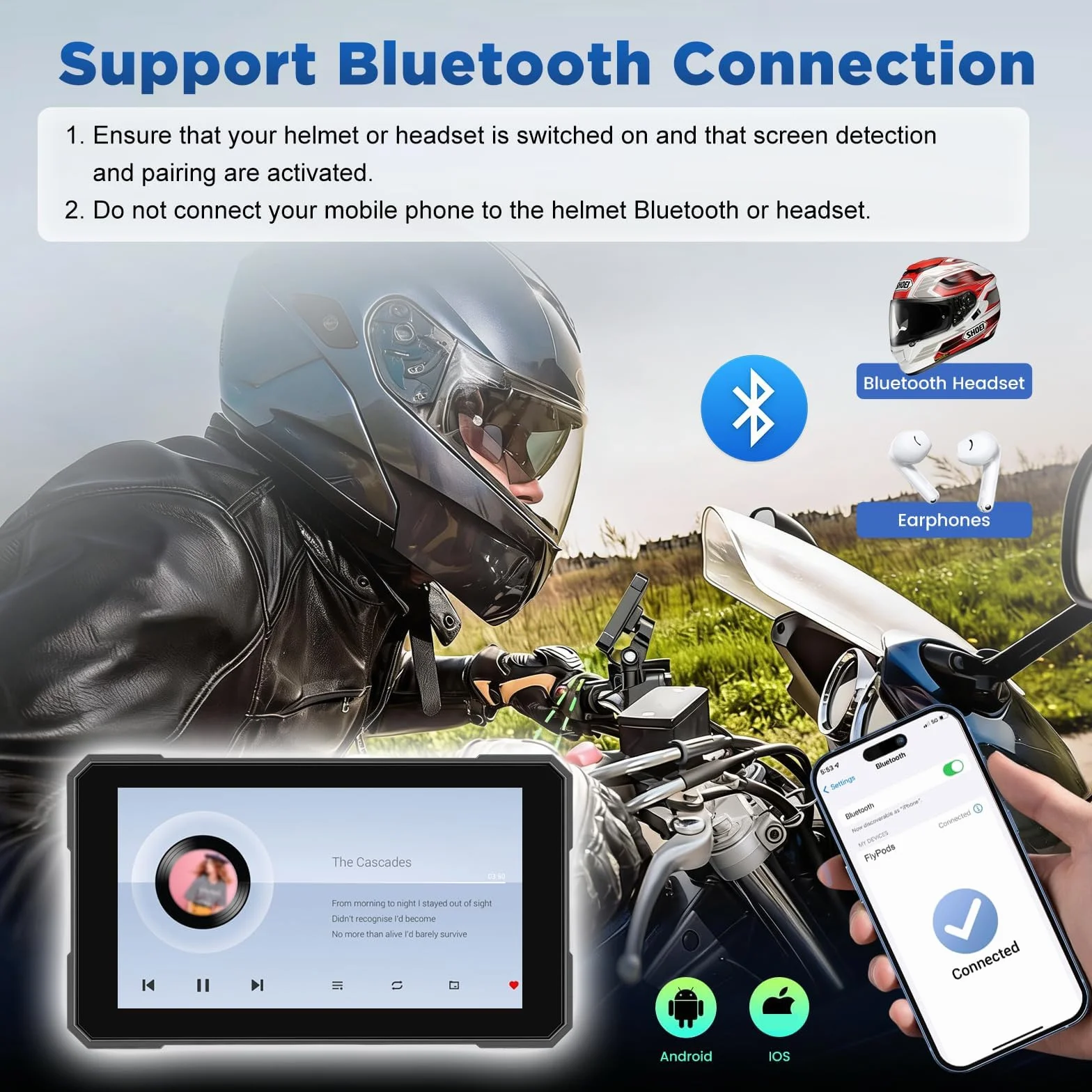 5-calowy wyświetlacz Motorfiets Carplay z bezprzewodowym CarPlay i Android Auto, wodoodporny IP67, 0z obsługą monitorowania ciśnienia w oponach, nawigacji GPS i sterowania głosowego – Nadaje się do