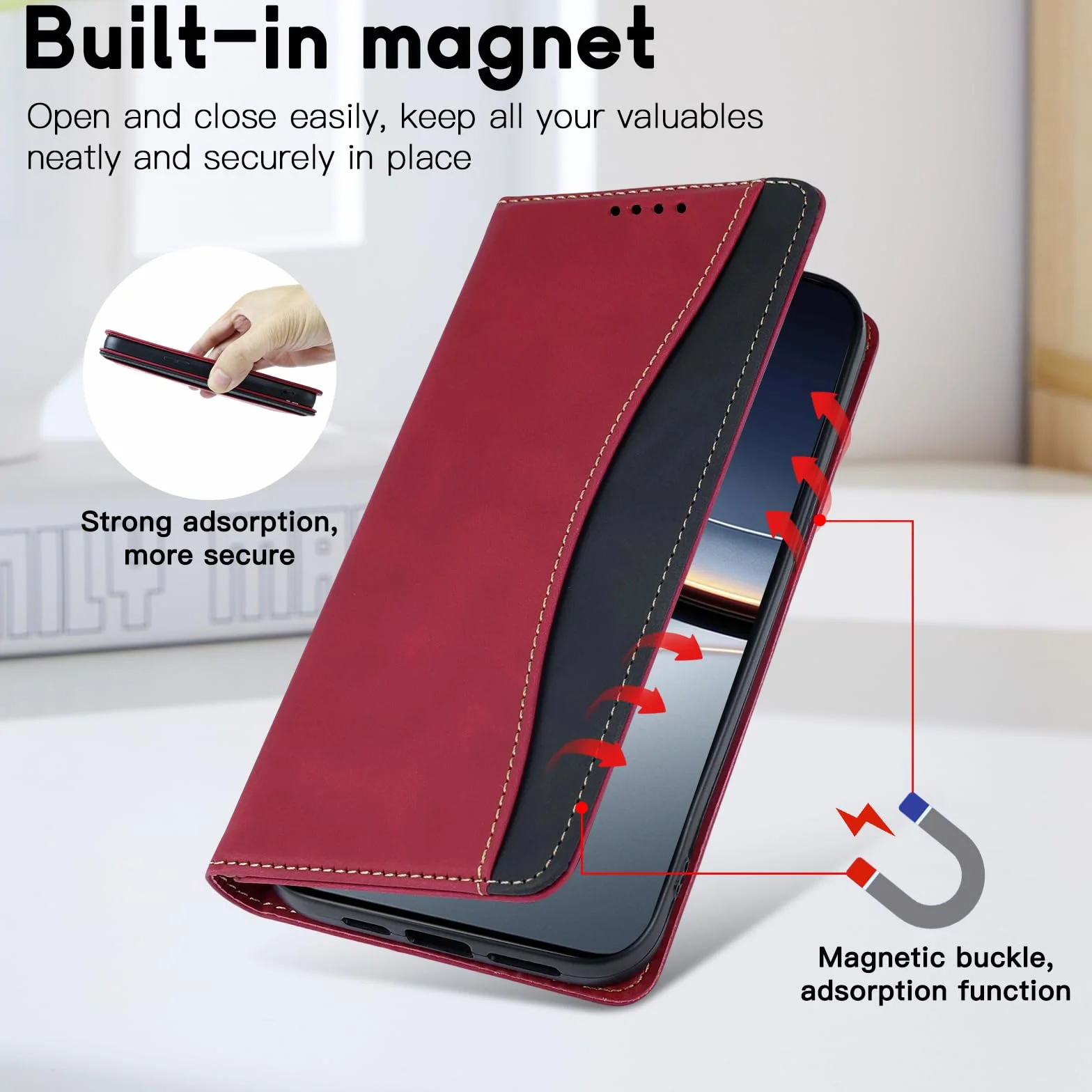 Etui na telefon do Samsung Galaxy A52 5G/A52 4G/A52s 5G, mocne magnetyczne etui, premium etui z PU skóry, magnetyczne etui flip case do Samsung Galaxy A52 5G/A52 4G/A52s 5G, kolor czerwony