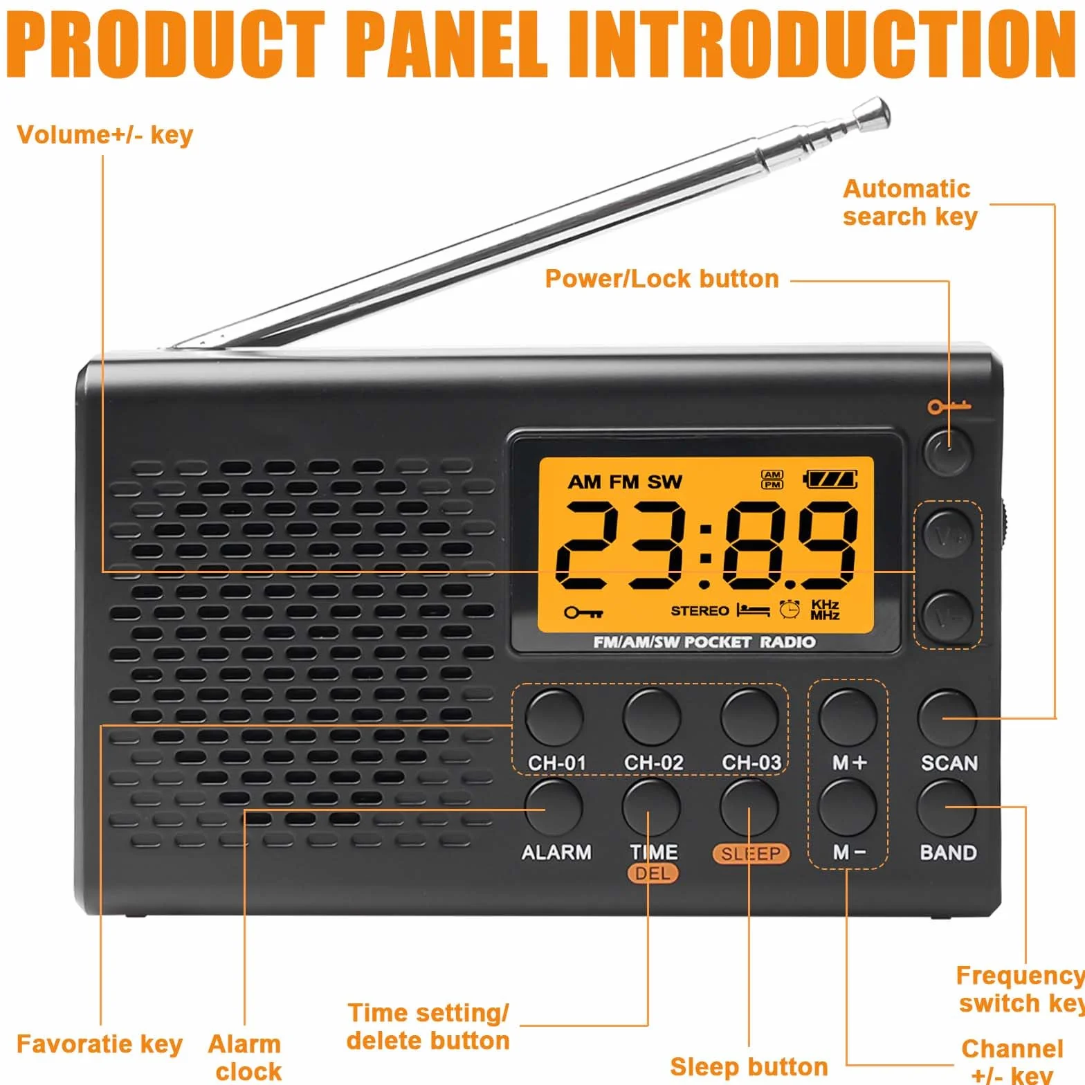 Przenośne radio, AM, FM, SW radio walizkowe z wyświetlaczem LCD, zasilanie bateryjne, wbudowany głośnik, alarm uśpienia, timer, przyłącze słuchawkowe, radio kuchenne, 35 ustawień wstępnych, małe radio