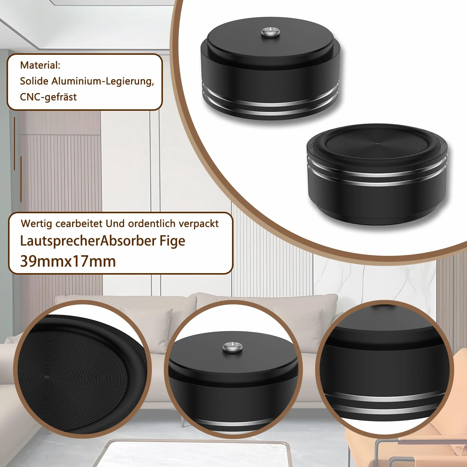 Tertullus 4 aluminiowe nóżki do urządzeń HiFi 39 mm × 17 mm czarne śruby głośnik, absorber subwoofer, nóżki z 4 śrubami do urządzeń Hi-Fi