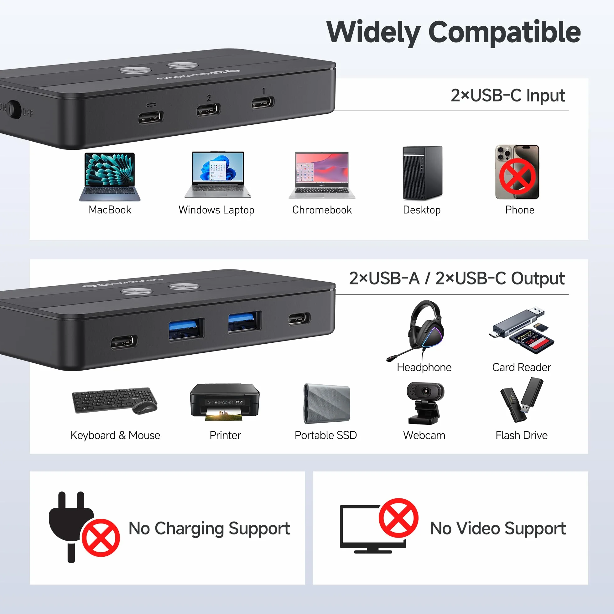 Cable Matters Przełącznik USB-C/A do 2 Komputerów i 4 Urządzeń | 2x USB-A i 2x USB-C, tylko dane, bez wideo i ładowania hosta, pilot w zestawie