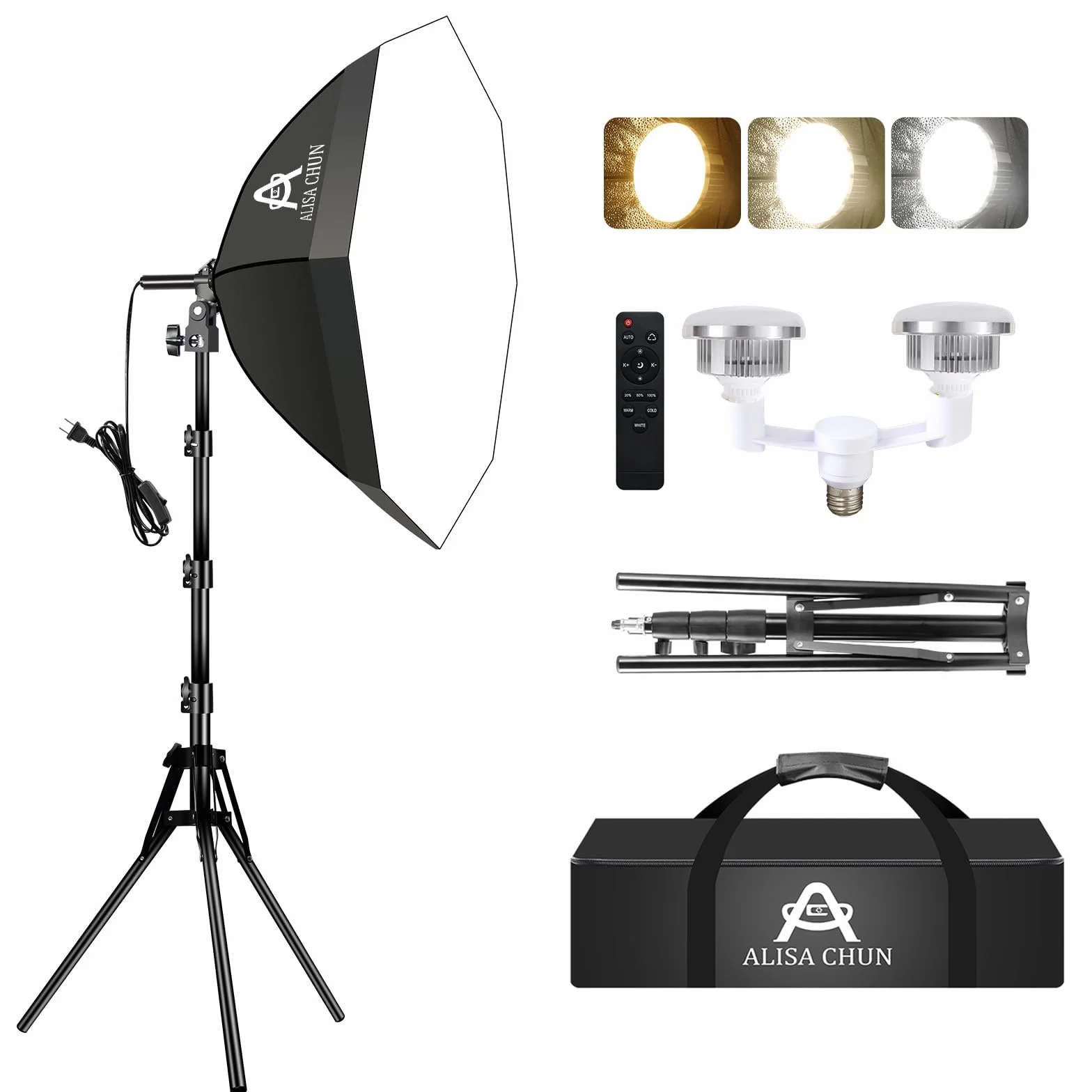 Softbox zestaw oświetleniowy do fotografii, 56 x 55 cm, zestaw oświetleniowy z podwójnymi żarówkami LED 85 W 3000-7500 K, sprzęt do studia fotograficznego, oświetlenie podcastów, nagrywanie