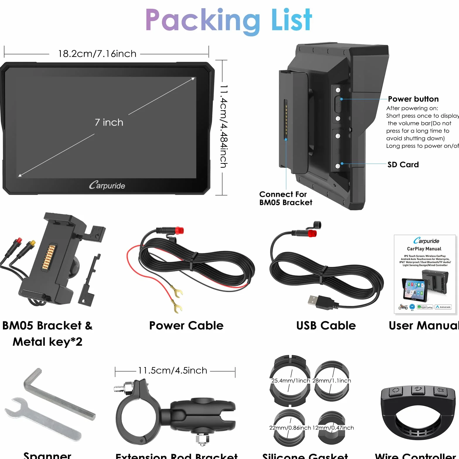 CARPURIDE W702S Moto Carplay ekran z uchwytem BM05 do Plug and Play, CarPlay i Android Auto, przenośny 7-calowy wodoodporny ekran dotykowy, kontroler przewodowy, nawigacja.