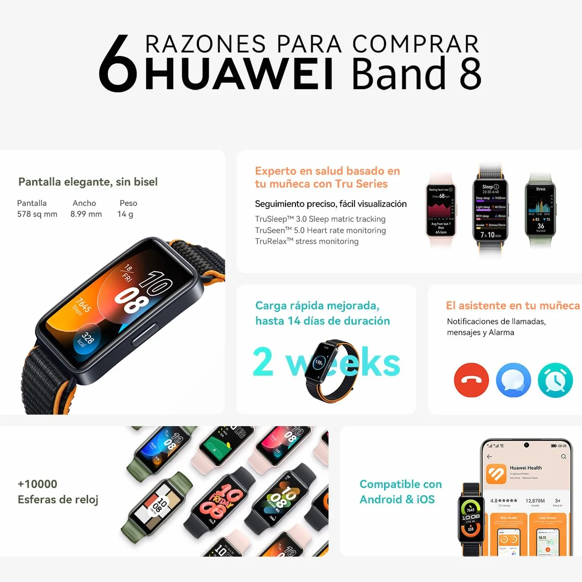 HUAWEI Band 8 (w Meksyku), 2-tygodniowy długi czas trwania Smartwatch, SMS/Whatsapp, Smart Band, kompatybilny z Androidem i iOS, pomarańczowy