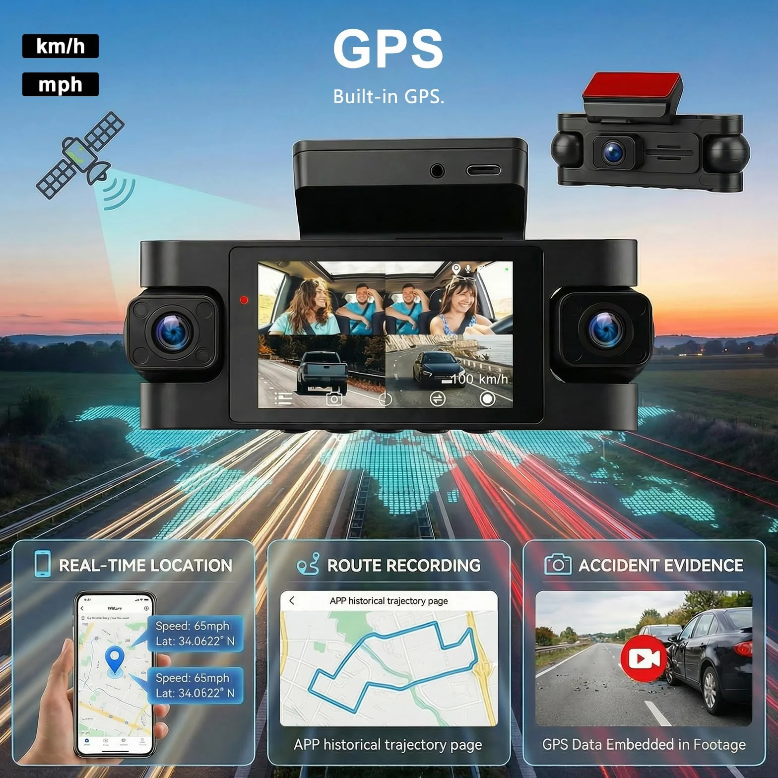 Kamera samochodowa 360 stopni, 4-kanałowa kamera przednia retro i wewnętrzna z GPS i 5G WiFi, 2K + 3 x 1080P, 3-calowy ekran IPS, noktowizor, tryb parkowania 24/7, czujnik G