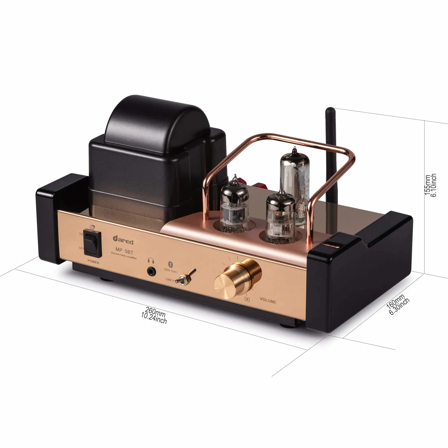 Dared MP-5BT Wzmacniacz Lampowy Zintegrowany, Hybrydowy z Lampami 6N11, 6N21, 6E21 - Bluetooth, USB/DAC, Wyjście Słuchawkowe i Przednie, 25Wx2
