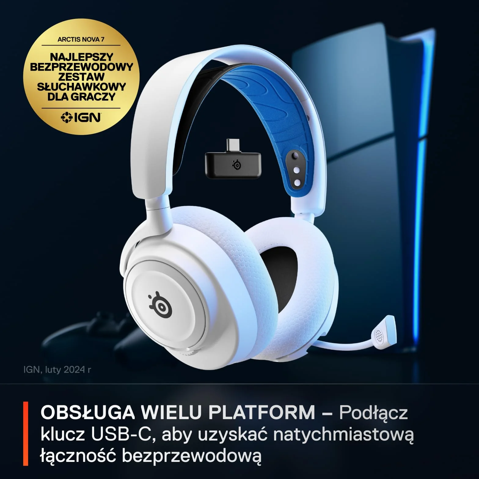 SteelSeries Arctis Nova 7P Wireless — Wieloplatformowy zestaw słuchawkowy do gier i urządzeń mobilnych — 38 godzin pracy na baterii — USB-C — Wysuwany mikrofon — PlayStation, PC, VR, Switch