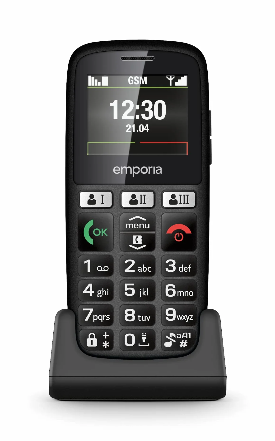 Emporia Happy Starszy telefon komórkowy, wysokiej jakości, wytrzymały telefon, kolorowy wyświetlacz, Bluetooth, 3 szybkie przyciski, duże podświetlane przyciski, stacja ładowania, czarny (Włochy)