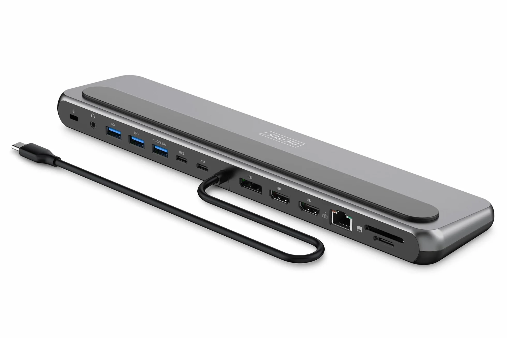 DIGITUS Stacja dokująca do notebooka – 12 portów – 2x HDMI, 1x DisplayPort 8K 30Hz – 2x USB-A 3.2 Gen2, 1x Typ-A 3.2 Gen1, 1x USB-C 3.2 Gen2 – 1x RJ45 – Czytnik kart SD/MicroSD – Złącze 3,5 mm – Szara