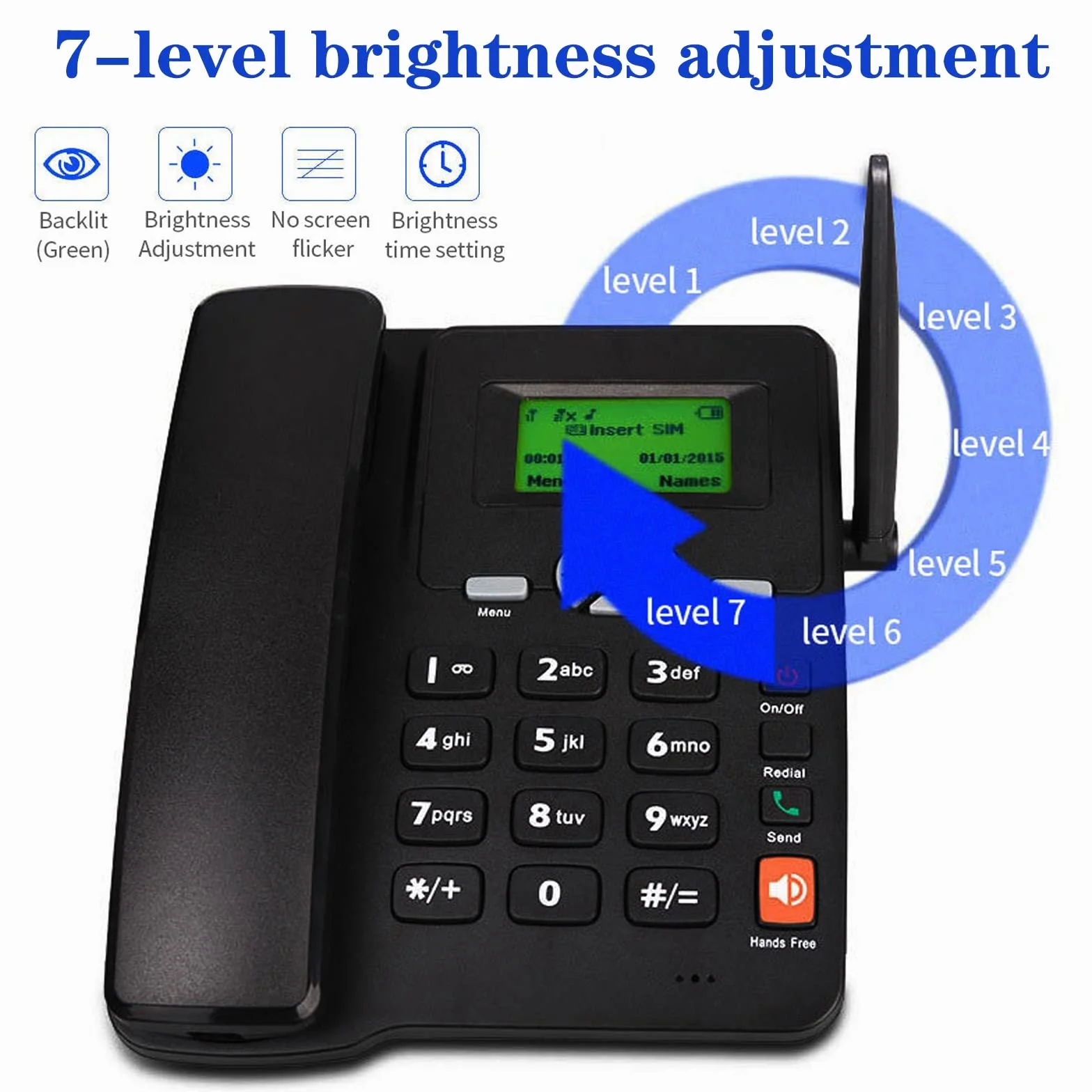 IBOWZ Telefon przewodowy na biurko bezprzewodowy czterozakresowy telefon biurkowy GSM, telefon stacjonarny z gniazdem na kartę SIM, wyświetlacz LCD data/godzina/siła sygnału/pojemność baterii, do