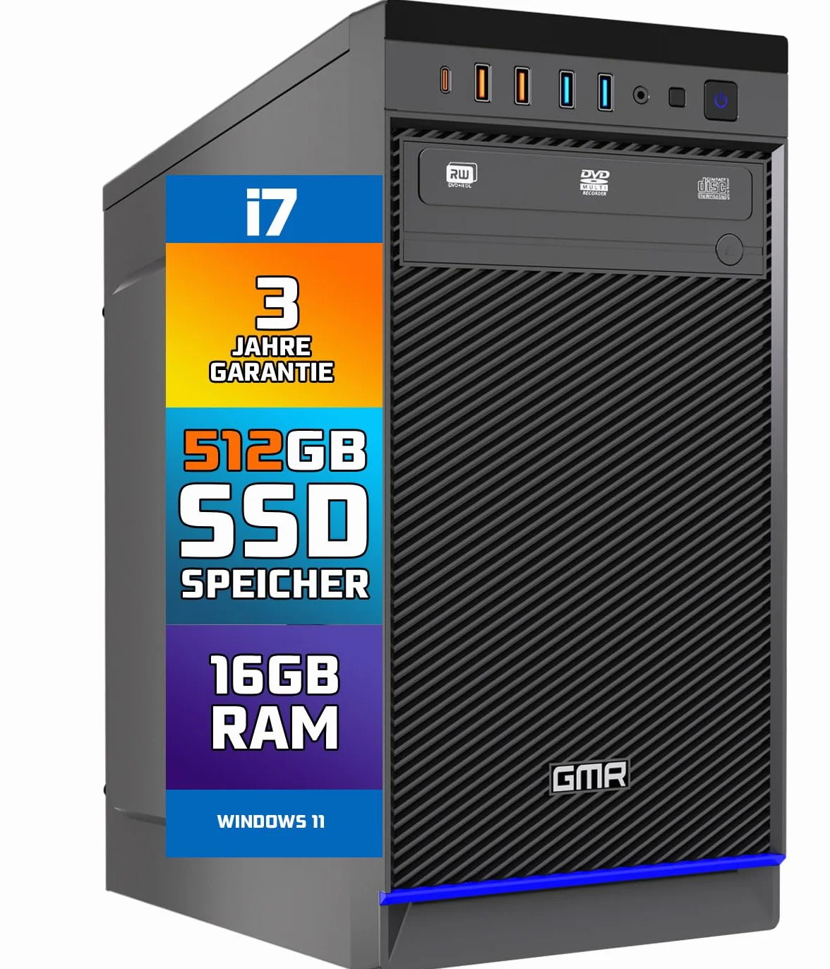 GMR Ultra i7 komputer biurowy – komputer biurowy | 16 GB RAM | 512 GB SSD M.2 | DVD±RW | USB 3 | Windows 11 Pro | WiFi Bluetooth