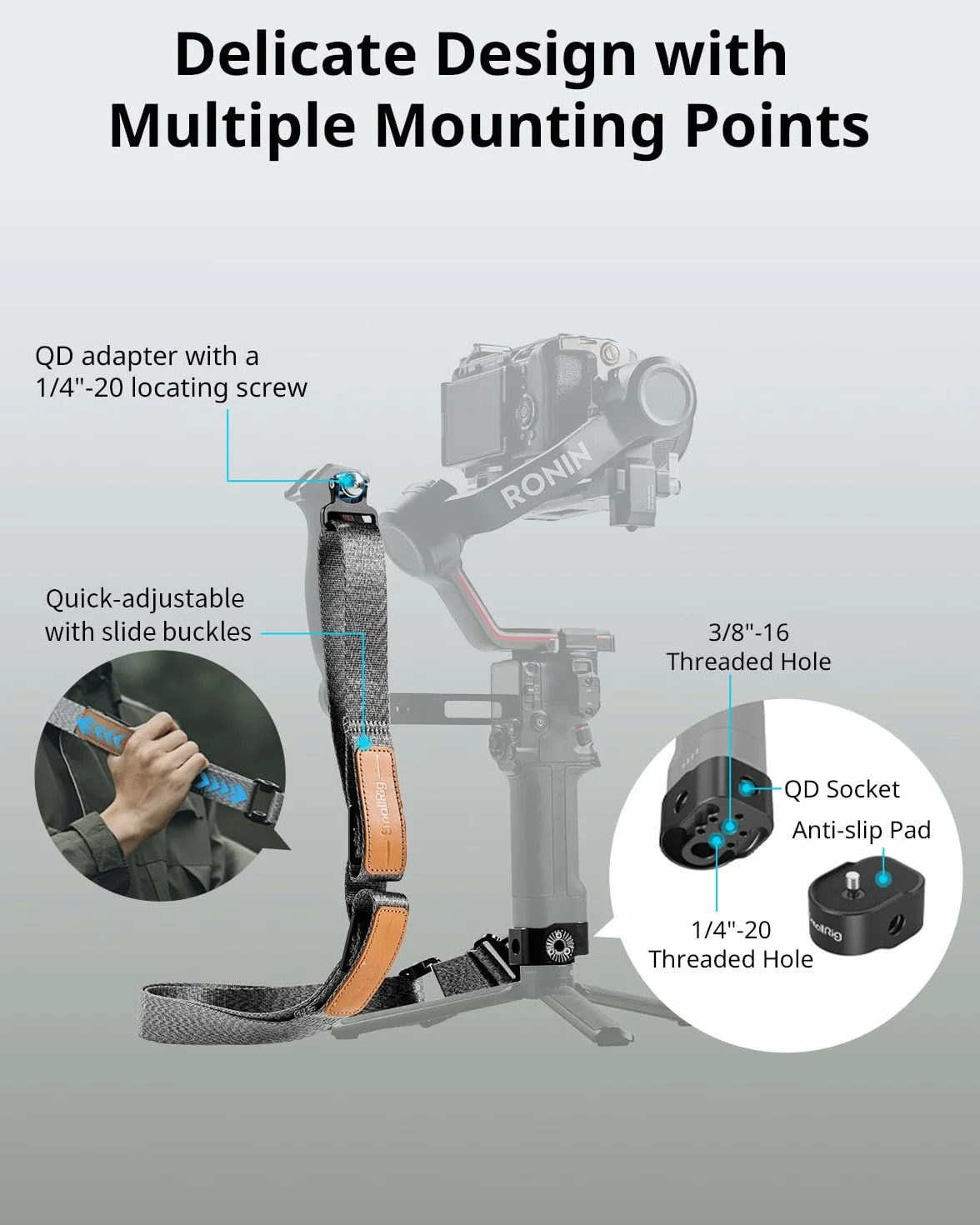 Pasek na ramię SMALLRIG RS3 RS2 redukujący wagę, kompatybilny z uchwytem do zawieszenia dla DJI, pasem gimbalowym z klamrami QD Quick Release dla DJI RS4 / RS 4Pro / RS 3 / RS 3 Pro/RS 2-4118 | DJI RS 5, RS4 Pro, RS4, RS3 Pro, RS3, RS2