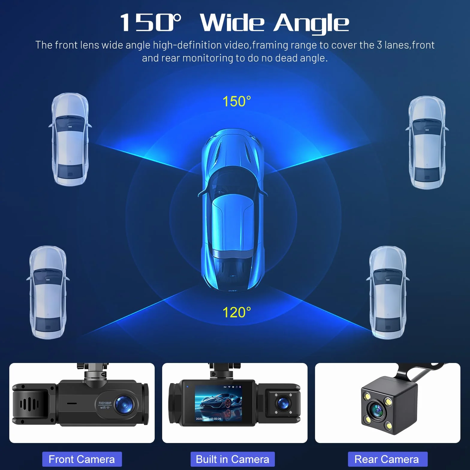 Kamera samochodowa 1080P, 3-kanałowa kamera Dash Cam z przodu i z tyłu wewnątrz, Full HD 2,0 cala ekran IPS kamera samochodowa z nagrywaniem w pętli, noktowizorem, wykrywaniem ruchu