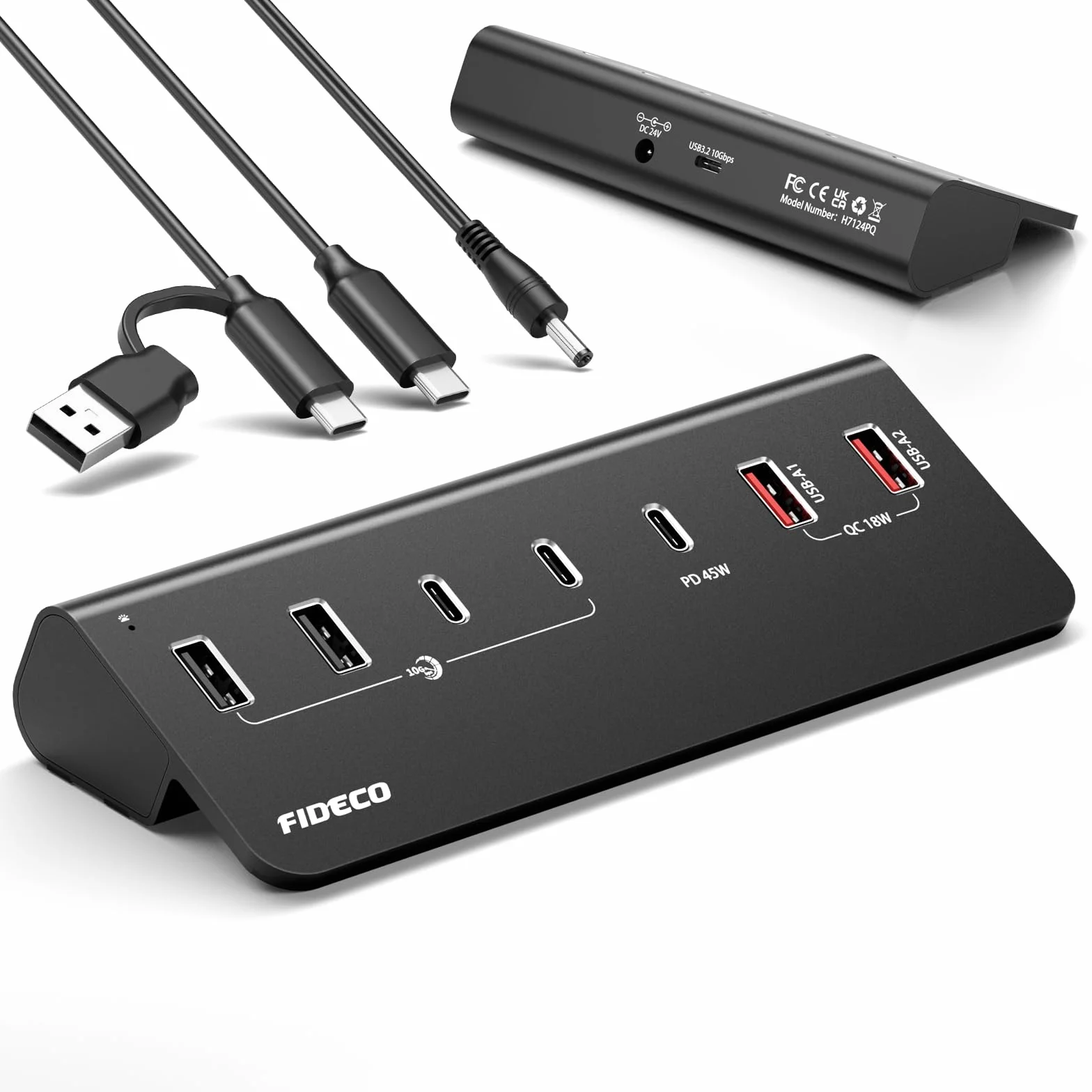FIDECO 7-portowy hub USB 72 W, hub USB C z 1 PD 45 W, 2 portami ładowania QC 3.0 i 4 portami USB 3.2 (2 USB A + 2 USB C), aluminiowy hub USB 10 Gb/s do laptopa, komputera, MacBooka, iPhone'a 17/16/15