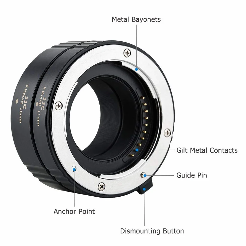 JJC Rura przedłużająca makro 11 mm/16 mm zestaw do wszystkich aparatów DSLR i lustrzanek Fujifilm Fuji X - automatyczne ustawianie ostrości - ekspozycja TTL - fotografia zbliżeniowa z etui na korpus i