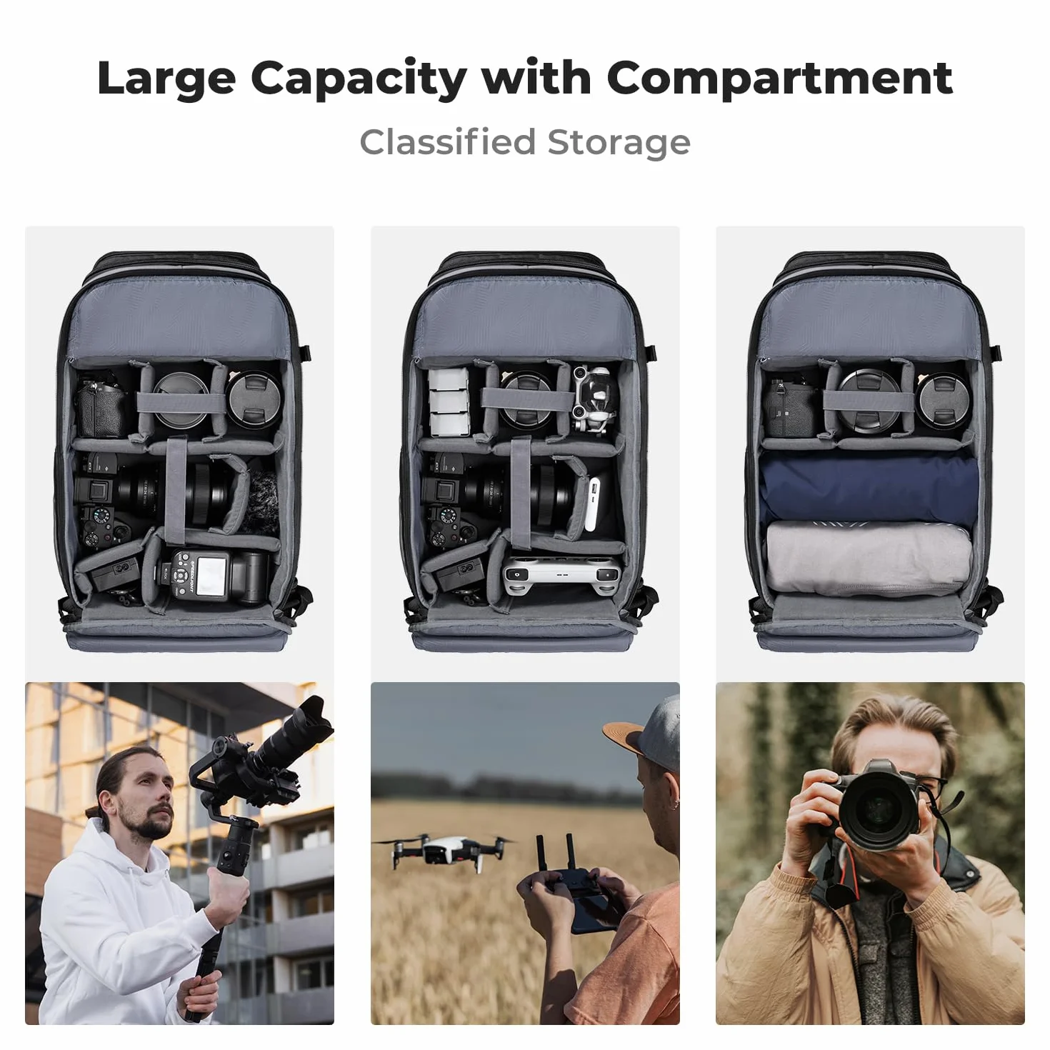 K&F Concept Plecak na aparat, fotografowie o dużej pojemności z osłoną przeciwdeszczową, duża kompaktowa torba na ramię na aparat, Czarny, 25L, Moda