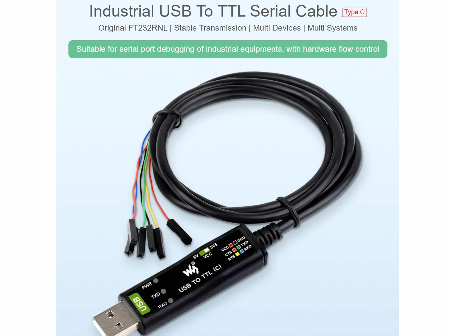 Industrial USB to TTL Serial Converter Adapter Cable 3.3V 5V FT232RNL Chip