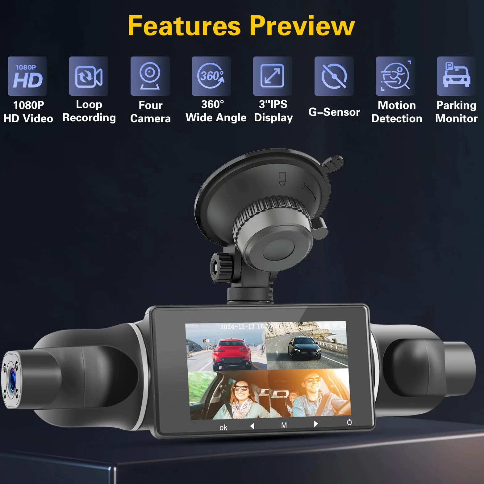 Hikity 3.0" DVR 1080P WiFi kamera samochodowa kamera samochodowa z aplikacją sterującą aplikacją z kartą SD 64 GB szerokokątny kąt 360°, monitorowanie parkowania 24 h, czujnik G, nagrywanie w pętli