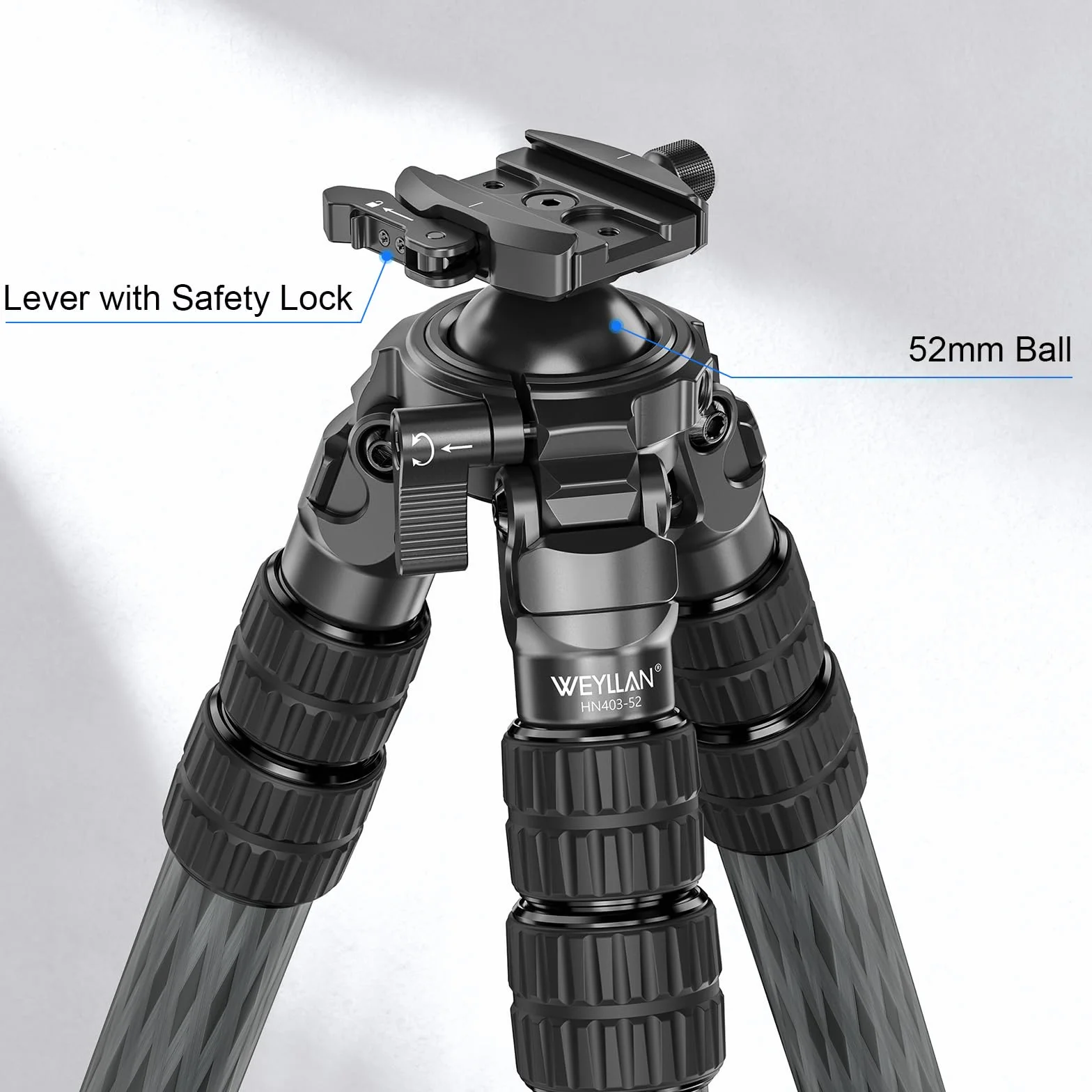 WEYLLAN HN403 statyw z włókna węglowego, z głowicą kulową 52 mm, szyną MLOK Arca Rail 80 mm, płytka QR typu Arca, adapterem Arca na Picatinny, maksymalna średnica rury 40 mm, maksymalny udźwig 30 kg