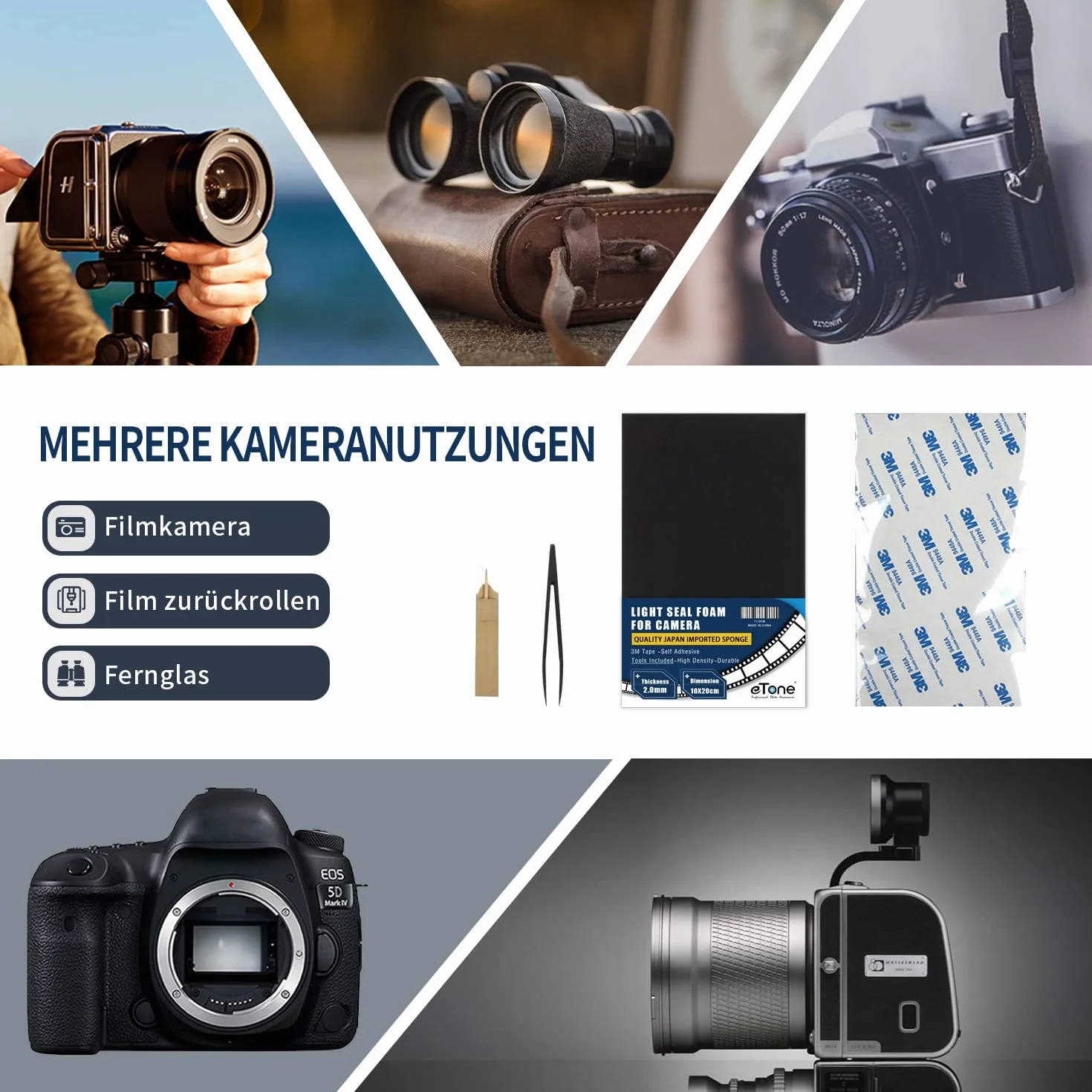 eTone Lekka, szczelna gąbka o wysokiej gęstości, pianka zastępcza, lekka pianka uszczelniająca z szczypcami do kamery filmowej 120/135, 2 mm