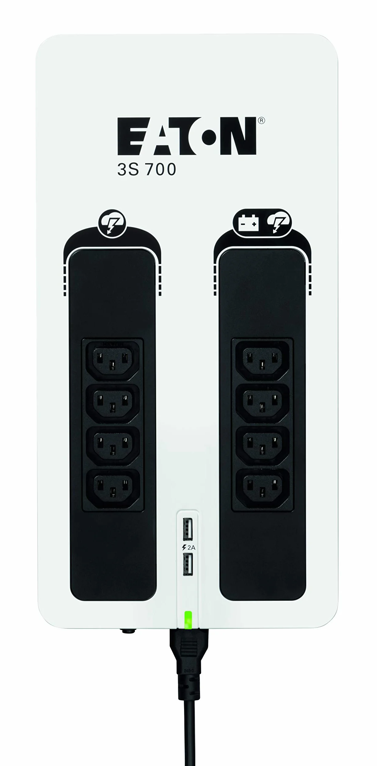 Eaton 3S 700 IEC - 3S700I - zasilacz bezprzerwowy (UPV) - 700 VA z ochroną przed przepięciem (8 wyjść IEC, ochrona przed przepięciem, 2 porty ładowania USB typu A) - biały i czarny