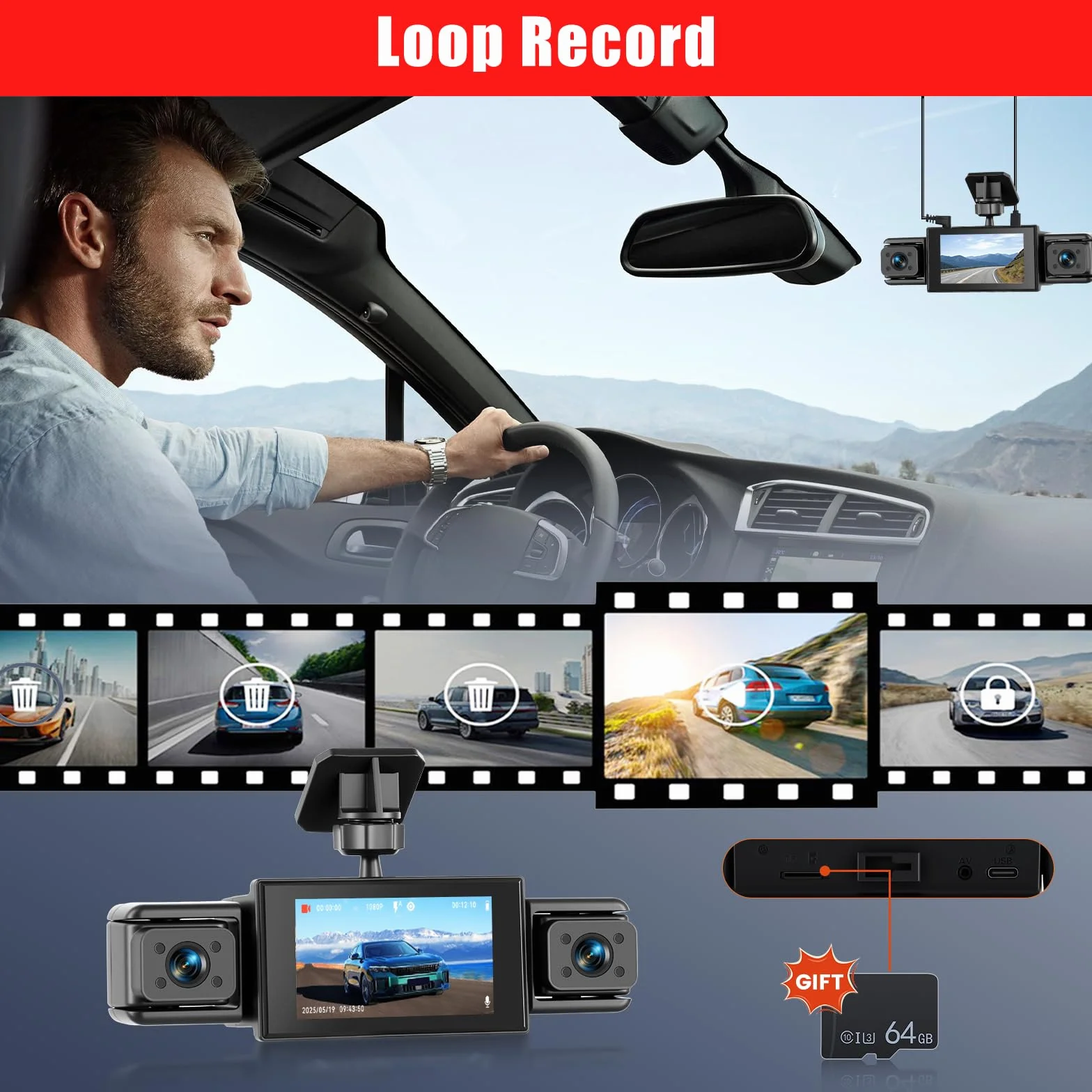 1080P Dash Cam 360 stopni 4 kanały, ekran 3 cale | Dashcam z kartą SD 64G, czujnik G, kamera cofania, tryb parkowania 24H, noktowizor, nagrywanie w pętli