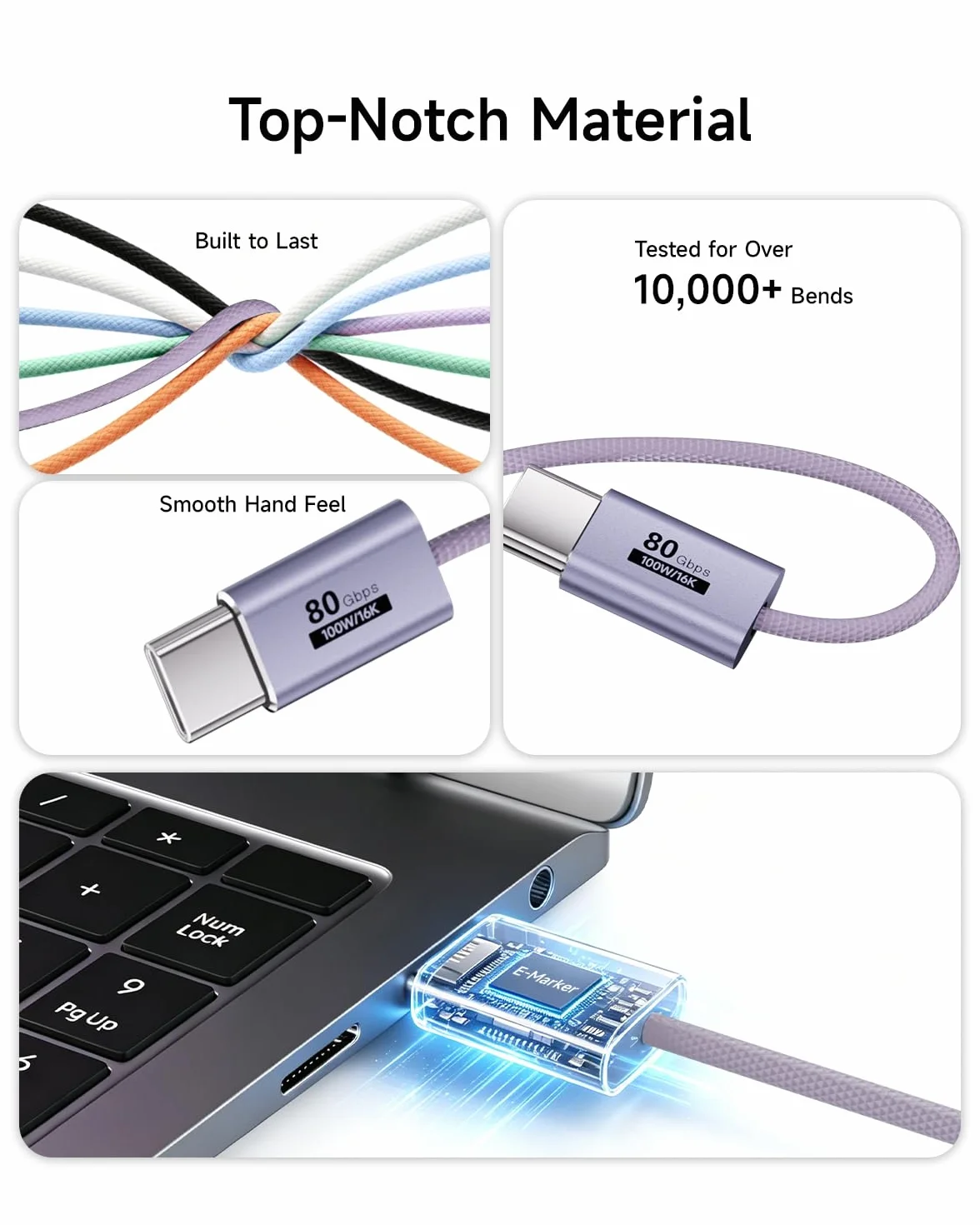 Fioletowy, 2 sztuki kabla USB typu C 80 GB/s, kompatybilny z Thunderbolt 5/4/3, elastyczny kabel USB C 100 W, 16K, 8K, 4K, do monitora, tabletu, dokowania, wyświetlacza, laptopów, dysków SSD