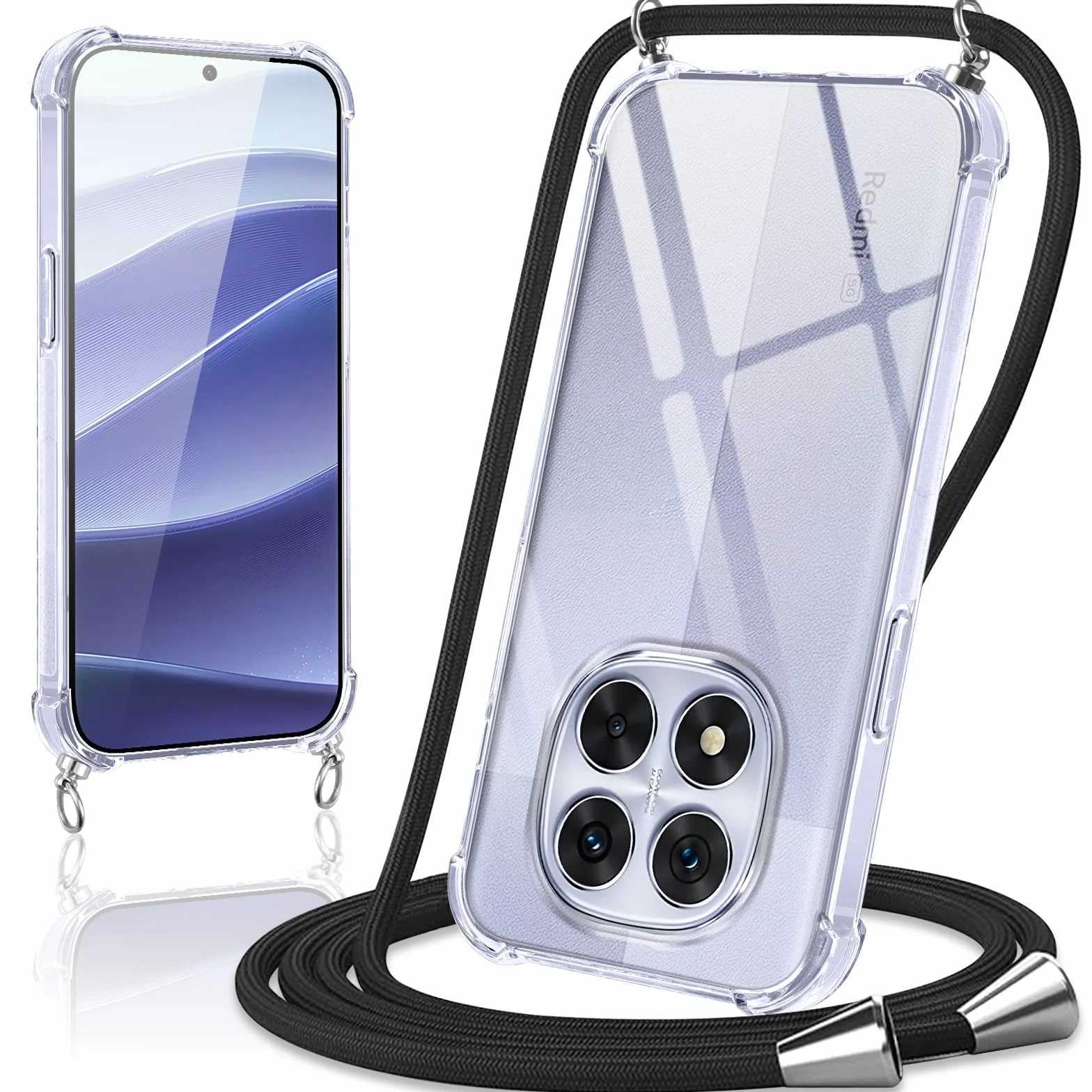 Coiwxmoi Pokrycie dla Xiaomi Redmi Note 14 PRO 5G/Poco X7 5G z rzemykiem 6,67", przezroczysta obudowa z rzemykiem na ramię, łańcuch, pasek, ultra miękki silikon TPU, antywstrząsowa obudowa, czarna