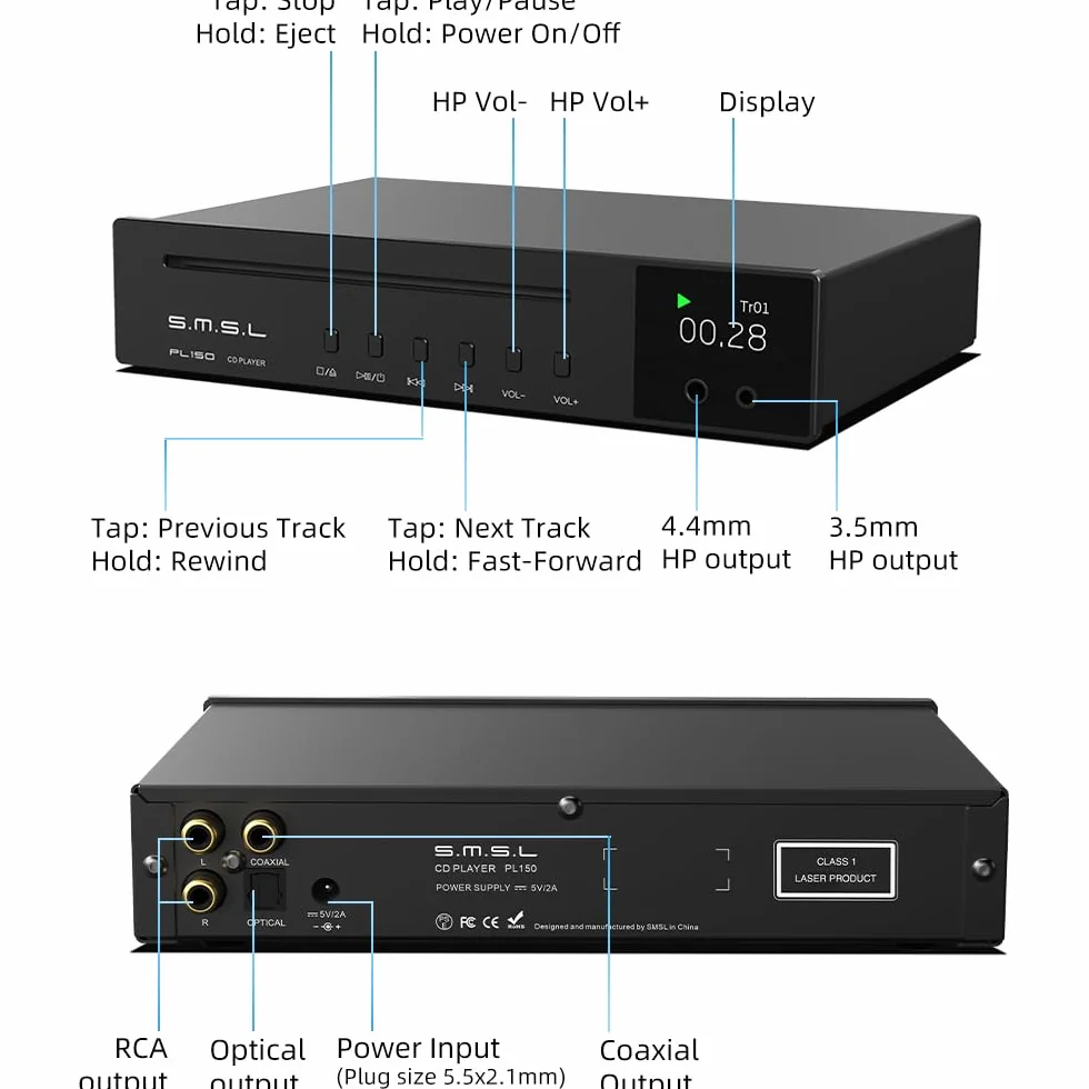 SMSL PL150 CD, wydajny procesor CS43198, wyjścia RCA/3,5 mm i 4,4 mm, do słuchawek / optycznych/koncentrycznych, do pojazdu/laptopa/telewizora/komputera (srebrny)