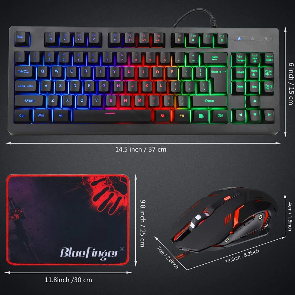 RGB 87 klawiszy, klawiatura do gier i podświetlana mysz, BlueFinger USB przewodowa klawiatura tęczowa, zestaw klawiatury do gier, do laptopa, komputera, komputera, gier i pracy
