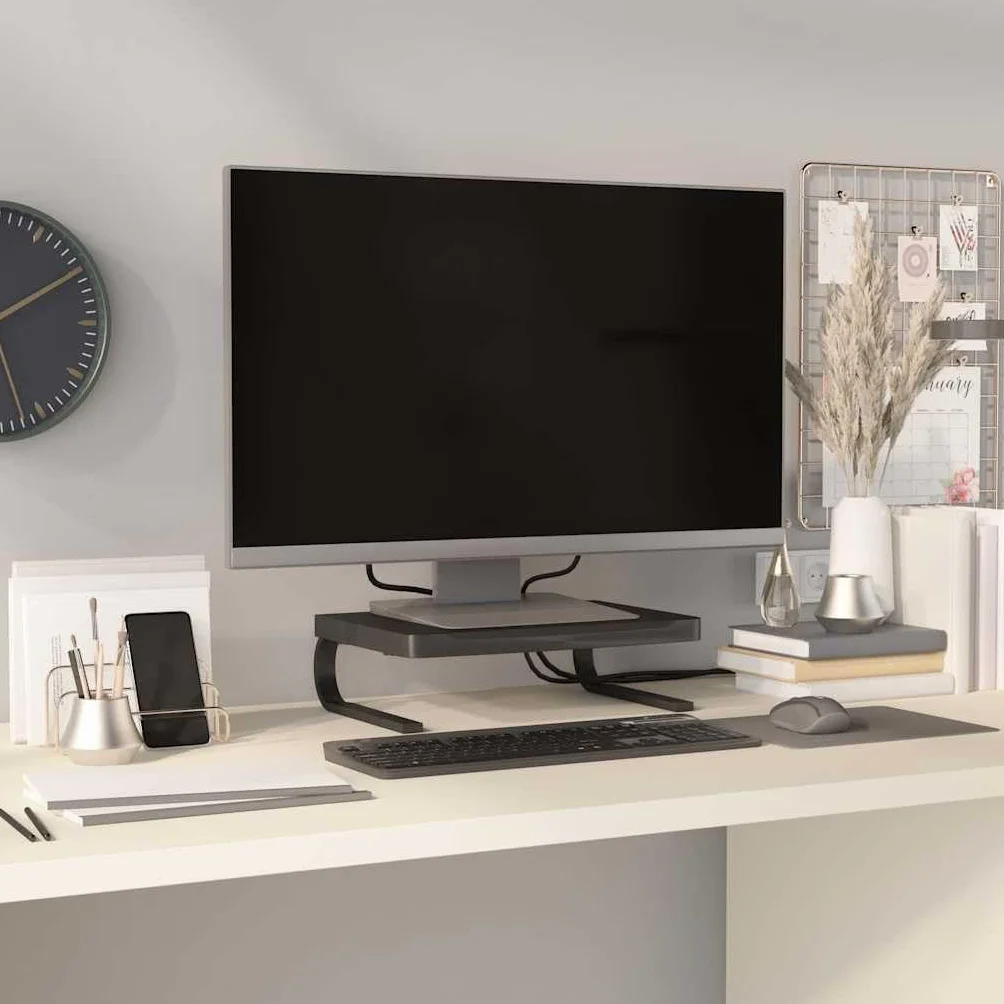 Stojak na monitor czarny 37 x 28 x 11,5 cm wykonany z HIPS, minimalistyczna nakładka na biurko do monitora i urządzeń multimedialnych, miejsce do przechowywania pod podstawką na klawiaturę i