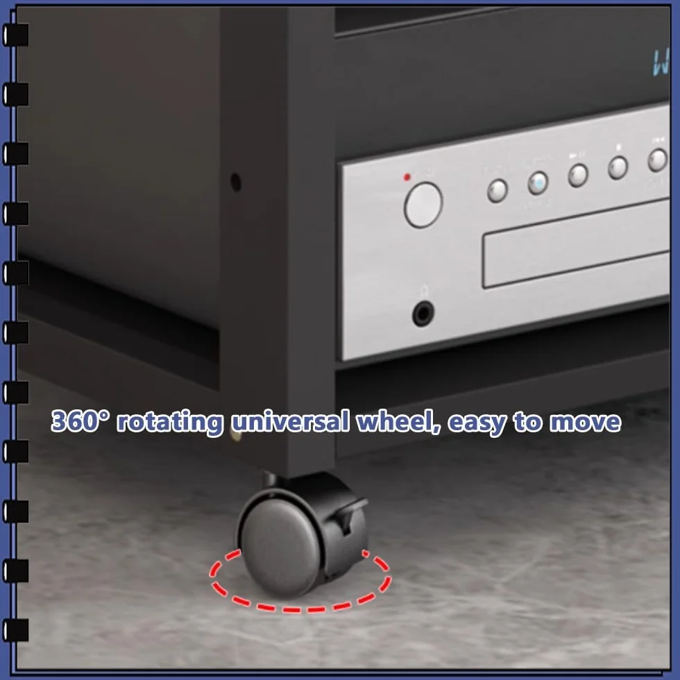 Czarny stojak na wzmacniacz audio, 3-poziomowy stojak multimedialny AV, wieża audio z kółkami hamulcowymi, odtwarzacz CD, konsola do gier, uchwyt TV Box (50 x 40 x 48,5 cm)