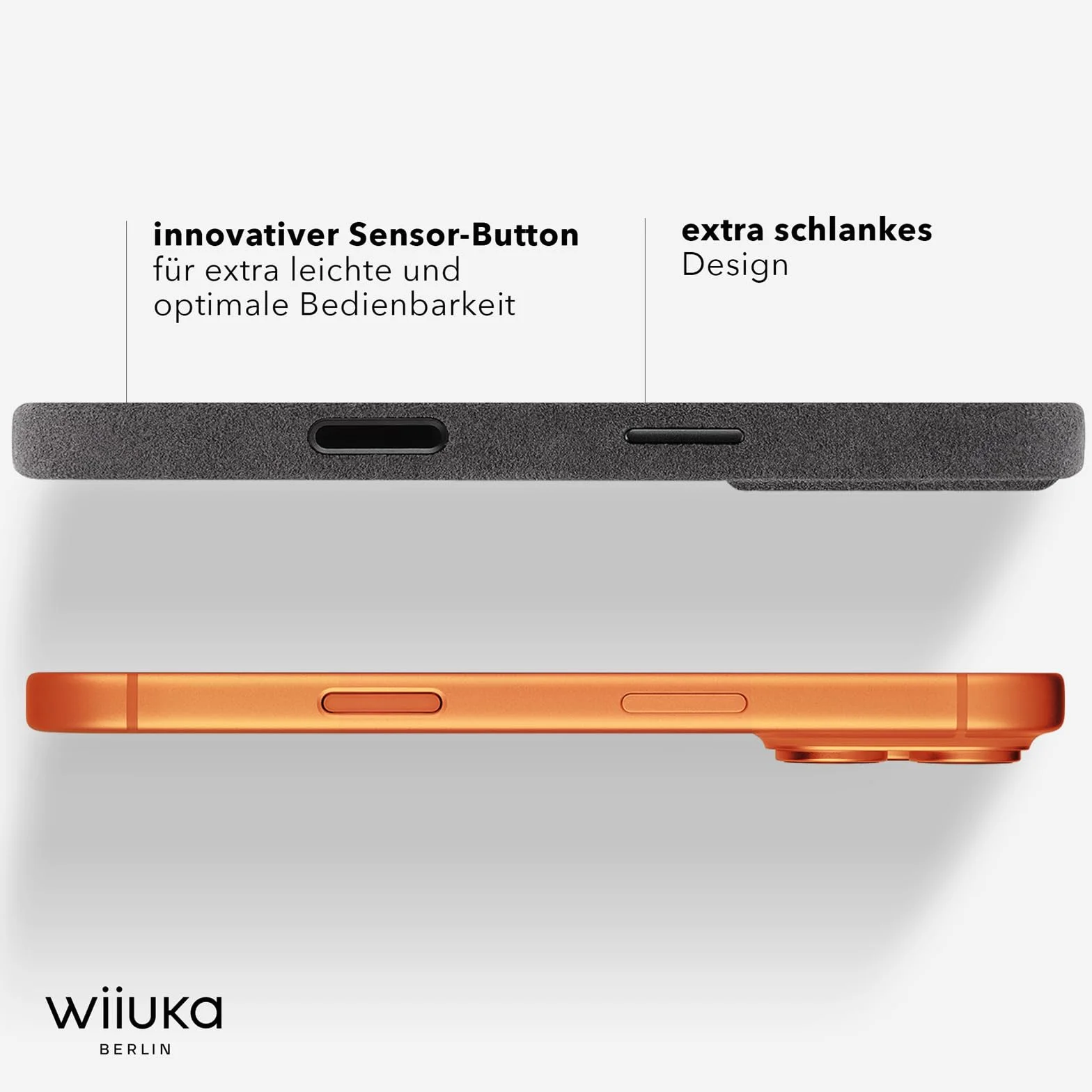 WIIUKA Etui do iPhone 17 Pro, oryginalne Alcantara, ręcznie wykonane, ochrona 360°, wyjątkowo smukłe, etui na telefon komórkowy, etui, Qi, alternatywa dla skóry, skiin VL Alcantara, Mystery Grey