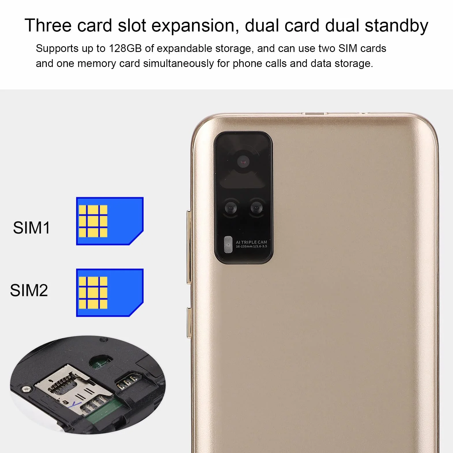 Telefon komórkowy Y53S, smartfon z Androidem 6 z odblokowaną twarzą, ekran HD 4,66 cala, 2 GB RAM 32 GB ROM, 2 MP z przodu i 5 MP z tyłu, bateria 2800 mAh(Gold)